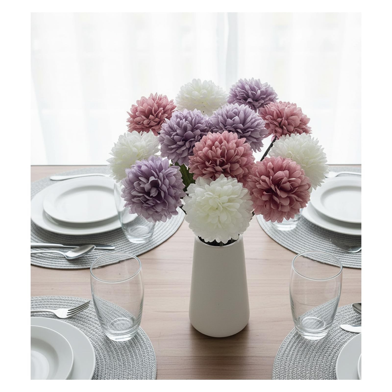 Artificial Silk Mums Chrysanthemum Flowers with Faux Eucalyptus Stems Decor