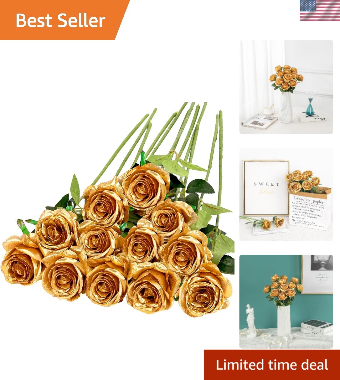 12PCS Long Stem Artificial Roses in Gold – Ideal for Home Decor & Special Events