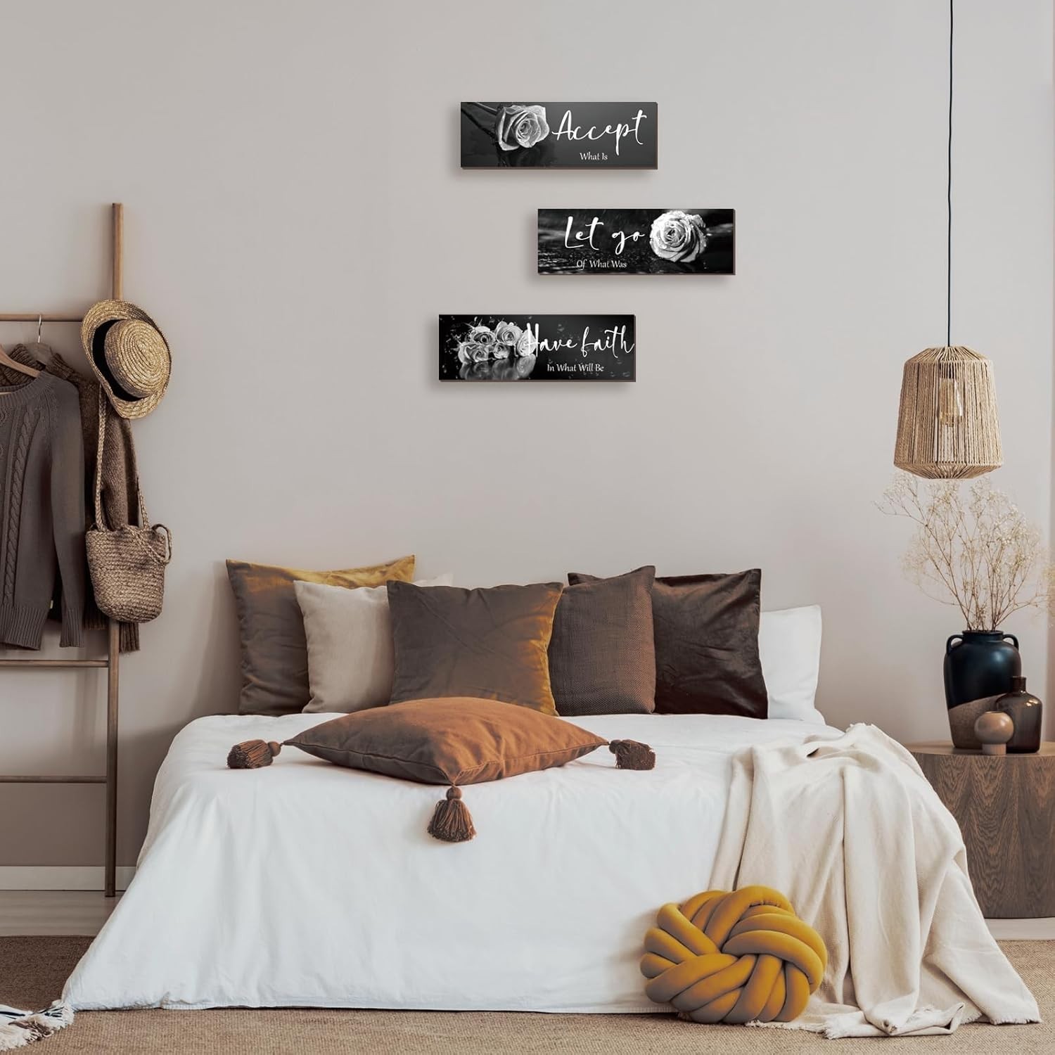 3-Piece White Rose Wall Decor with Inspirational Quotes | 12×4 Modern Art