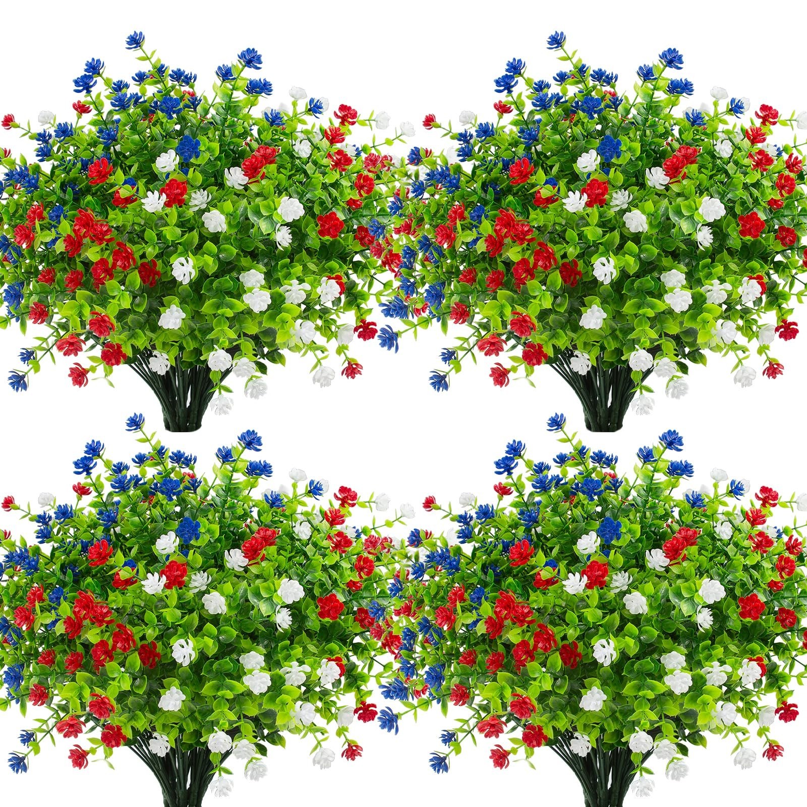 12 Pcs UV Resistant Faux Flowers – Patriotic Red, White, Blue for 4th of July De