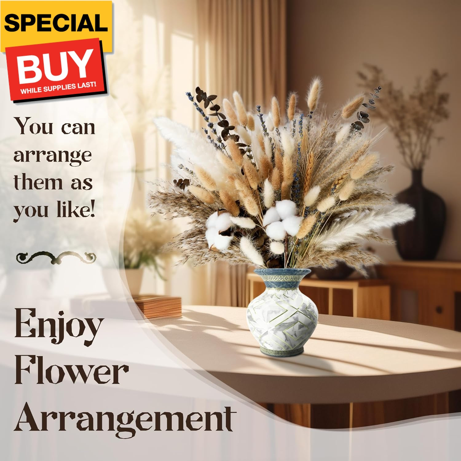 Natural Dried Flower Bouquet – Pampas Grass, Cotton Stems, Bunny Tails, Eucalypt