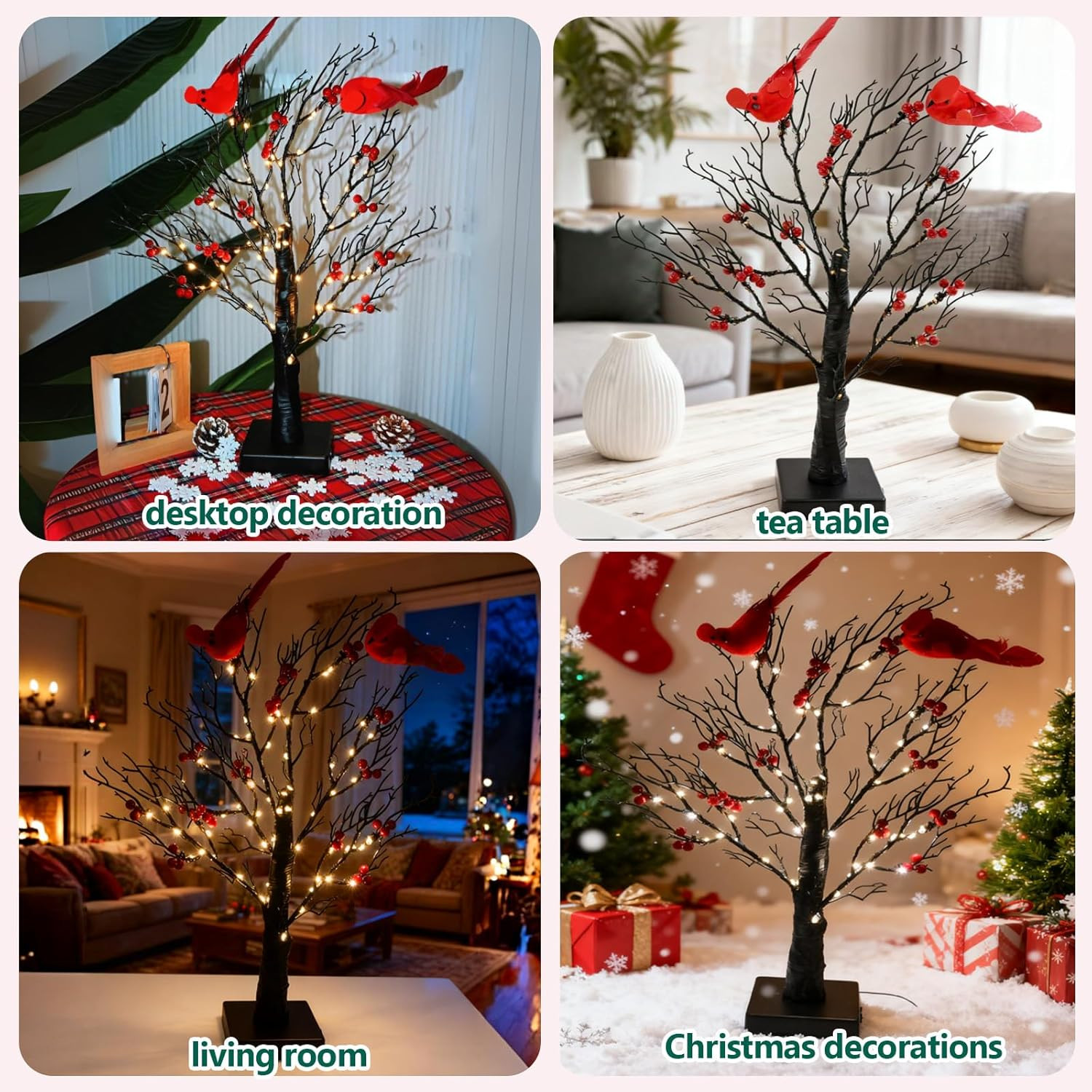 Set of 2 Vintage Glowing Trees with Cardinals, Dual Power Usb/Battery Operate…