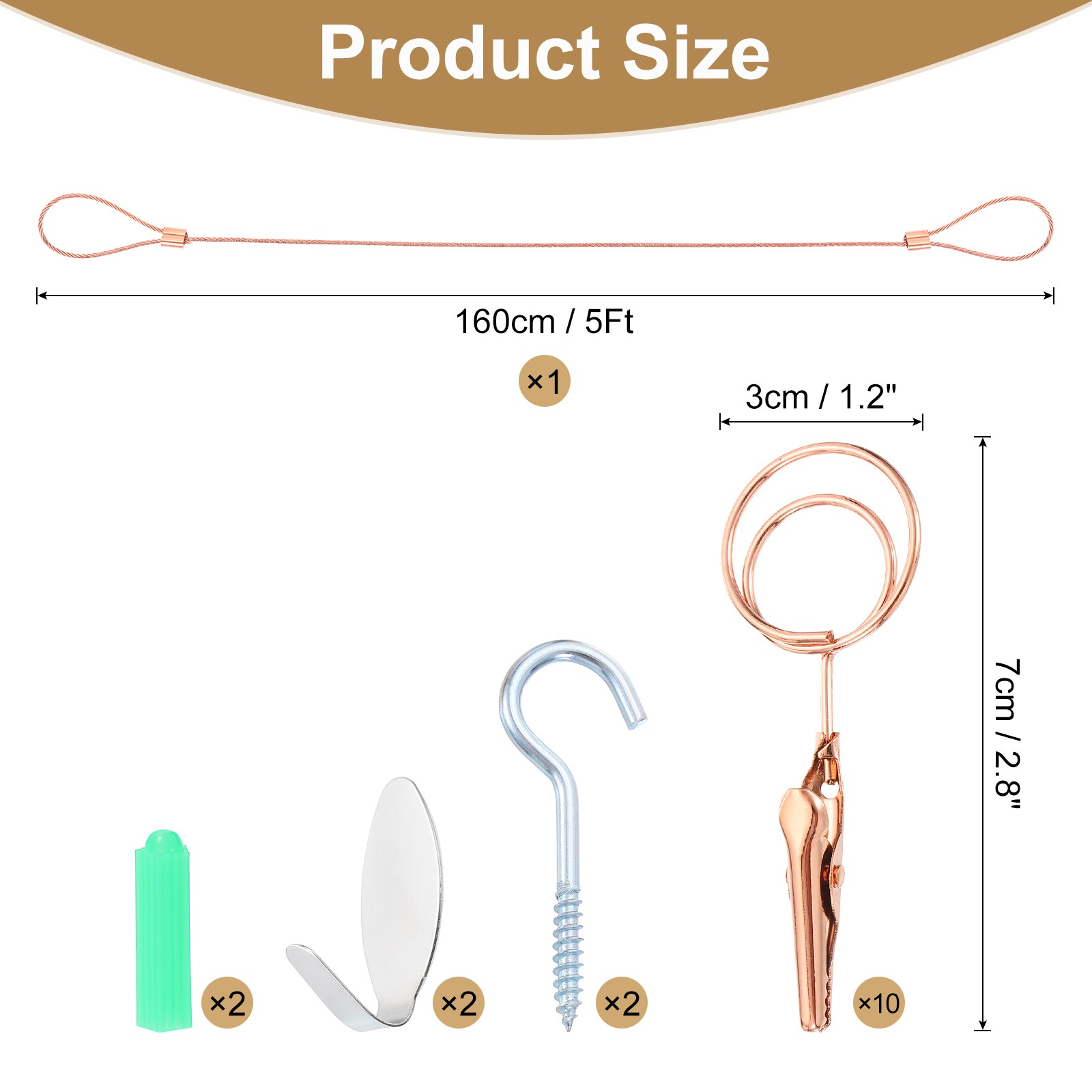 5Ft Wall Hanging Photo Display Cable Wire Rod with 10 Round Clips, Rose Gold