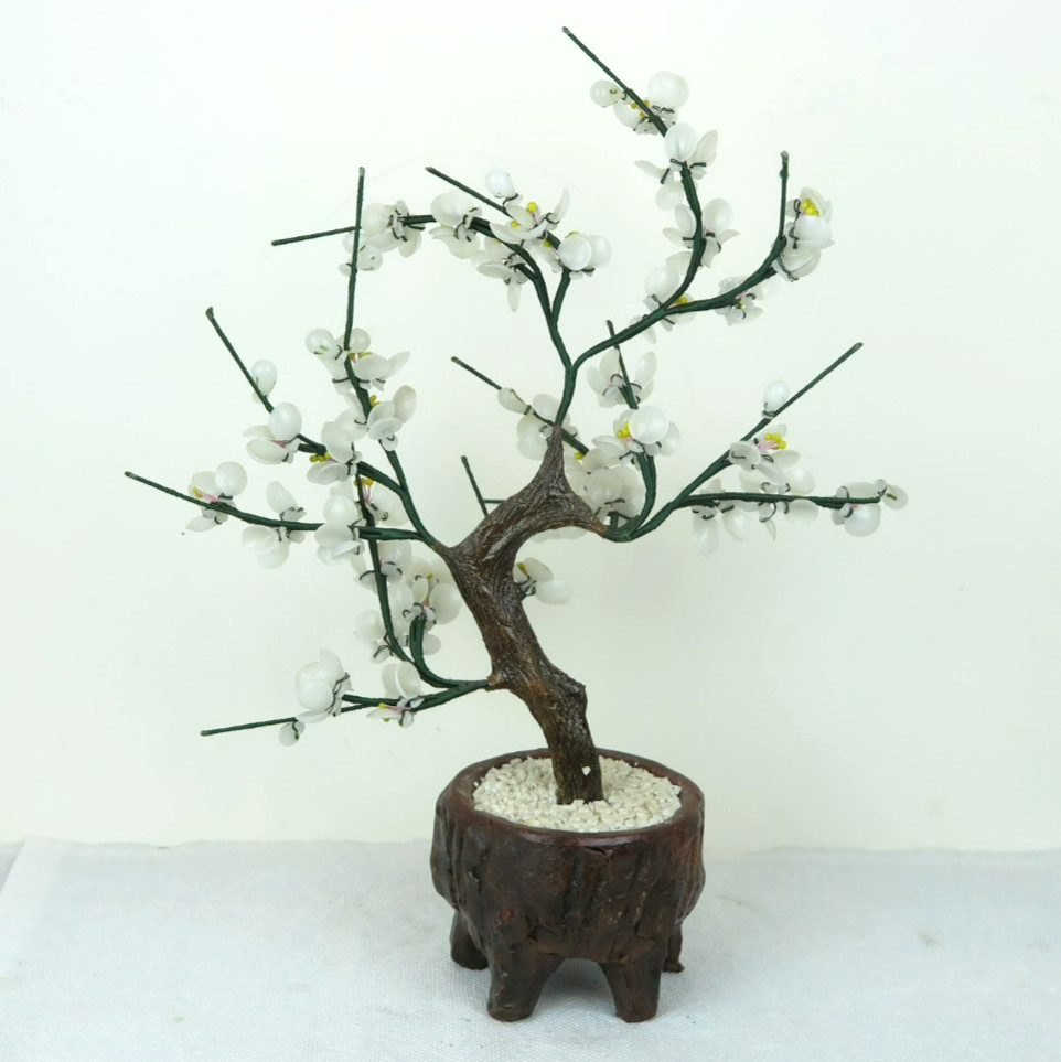 Glass Artificial Flowers Bonsai Plant – White Green Porcelain Pot 14″H New