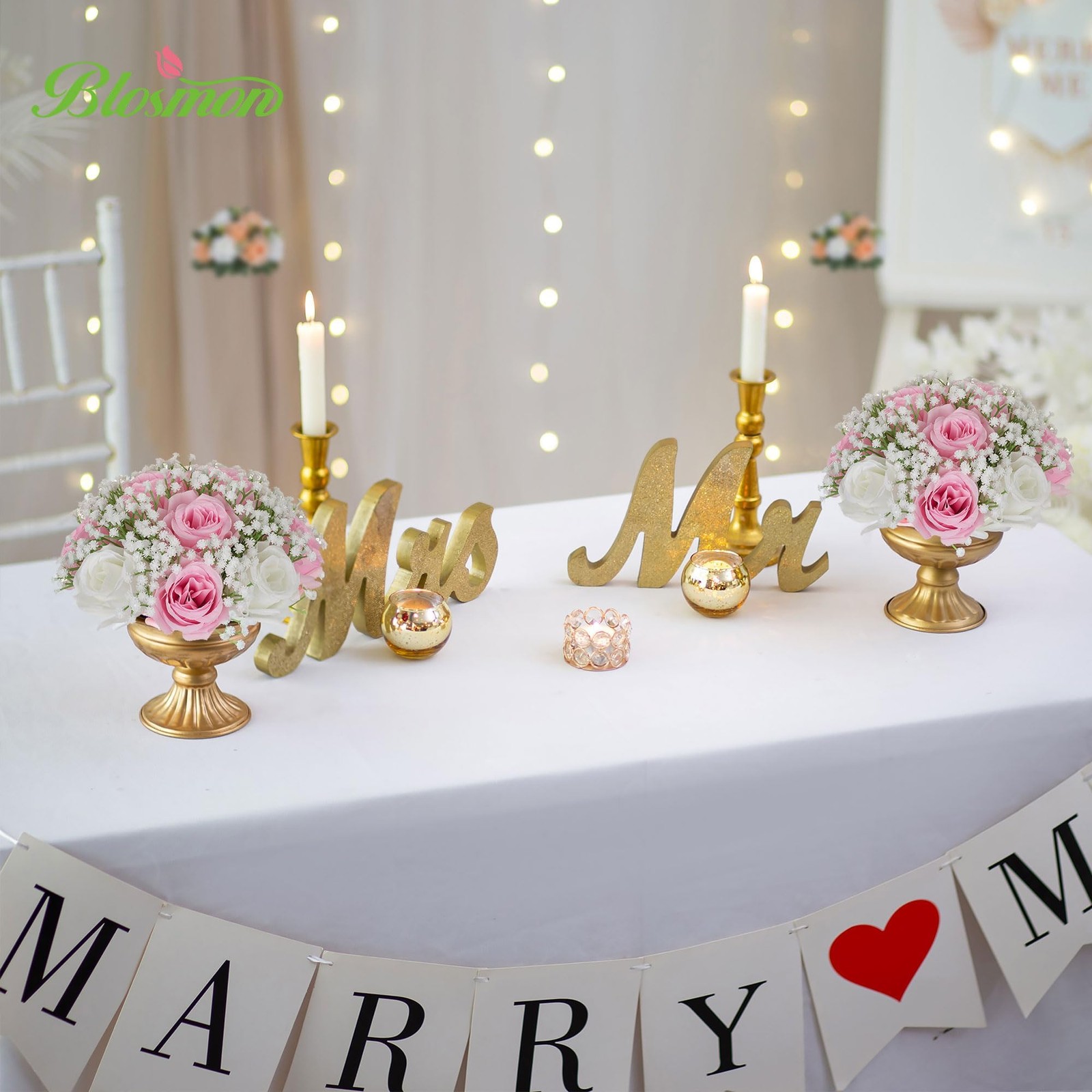 2 PCS Fake Pink Rose Baby’s Breath Artificial Flower Ball Centerpieces For Table