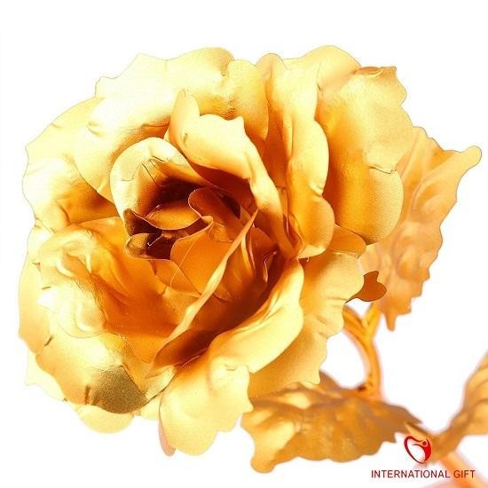 Golden Rose Flower with Golden Leaf and Black Velvet Box