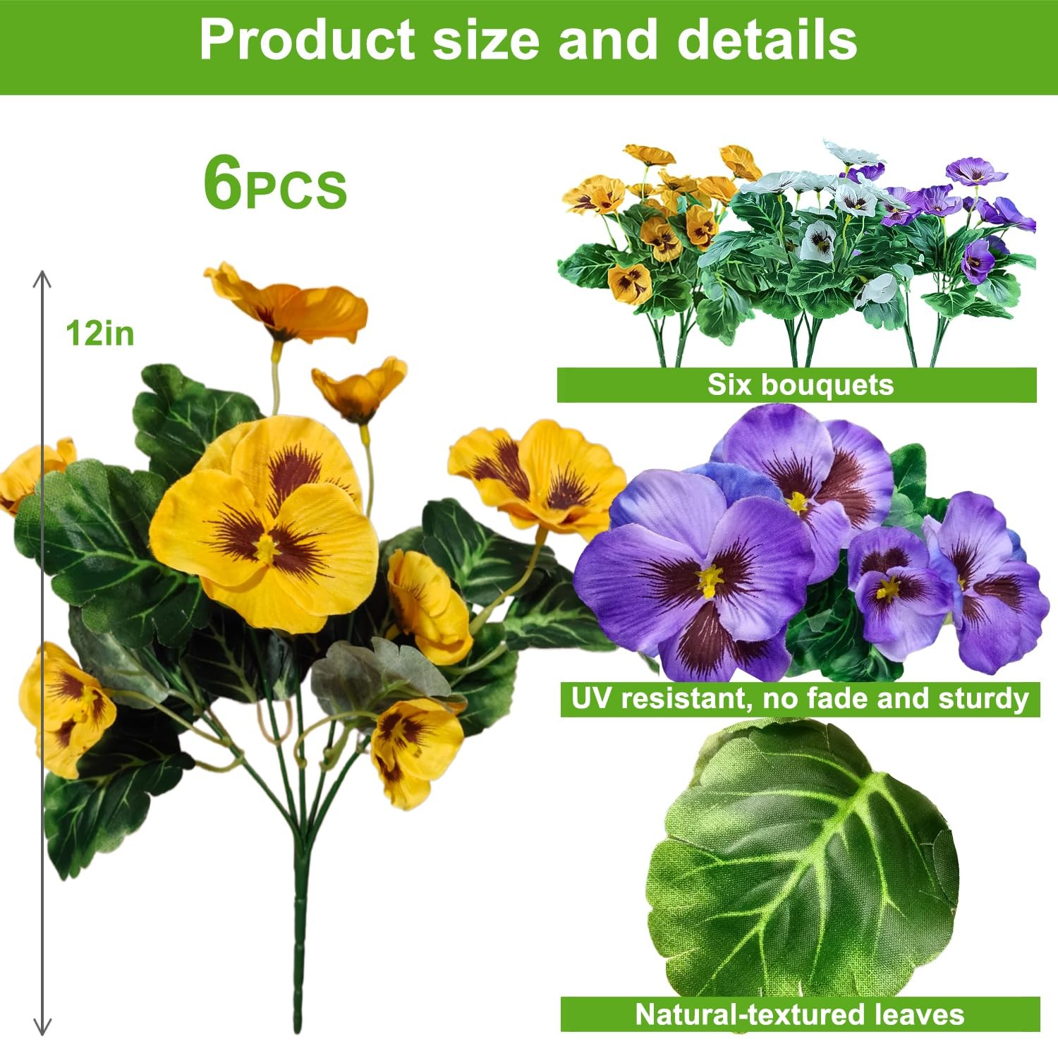 6 Bundles Outdoor Artificial Pansy Flowers – UV Resistant Silk Faux Pansies (…