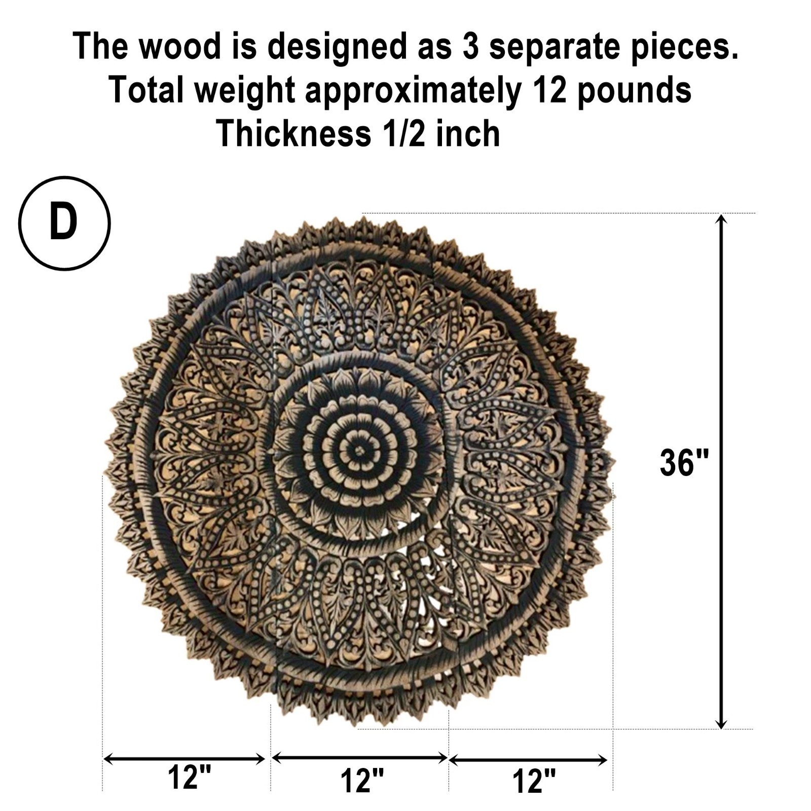 36″ Large Round Black Mandala Wood Carving Wall Art 3-Piece Set Office Decor
