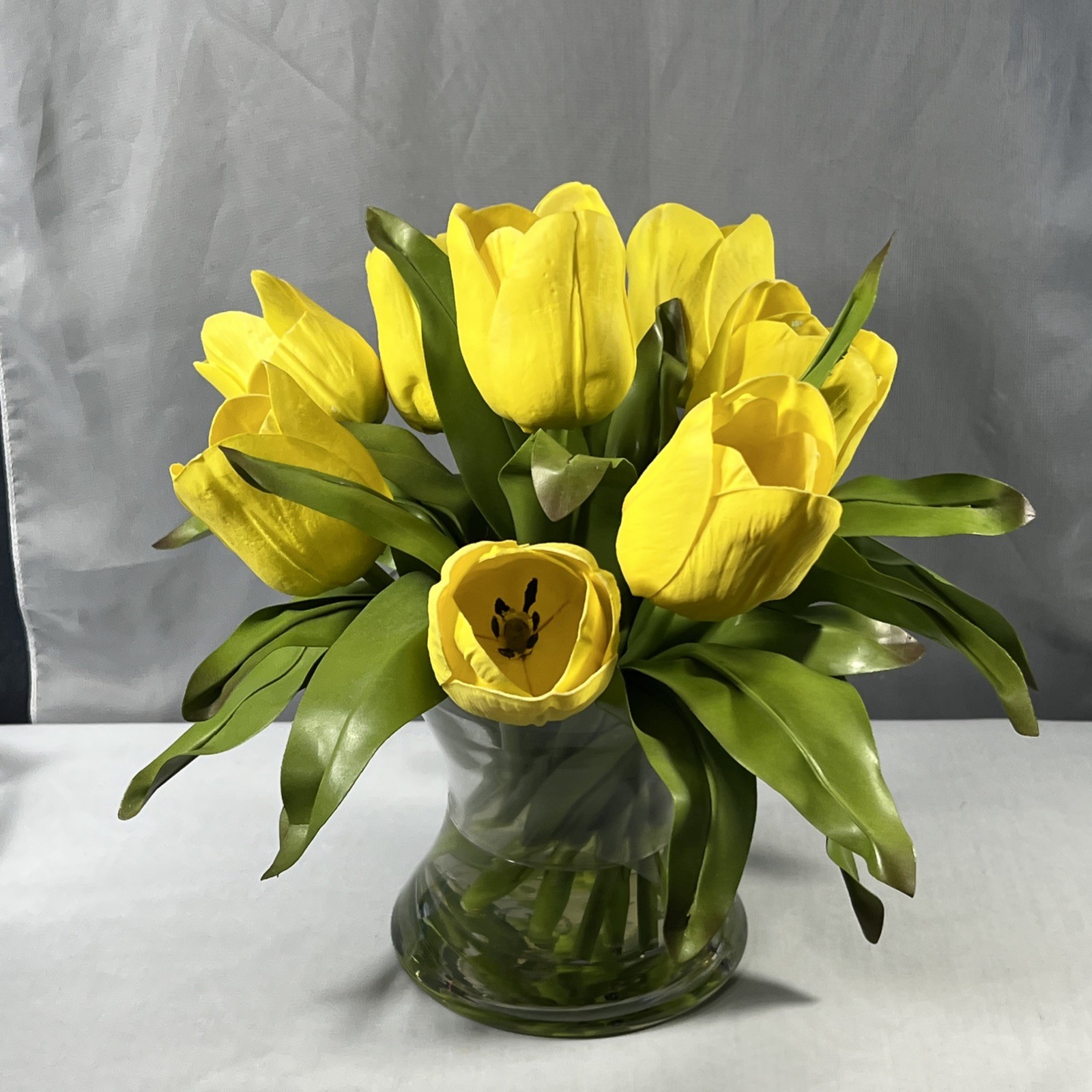 9 Yellow Silk Tulips Centerpiece Feel Real Flowers in Glass Vase w/ Faux Water