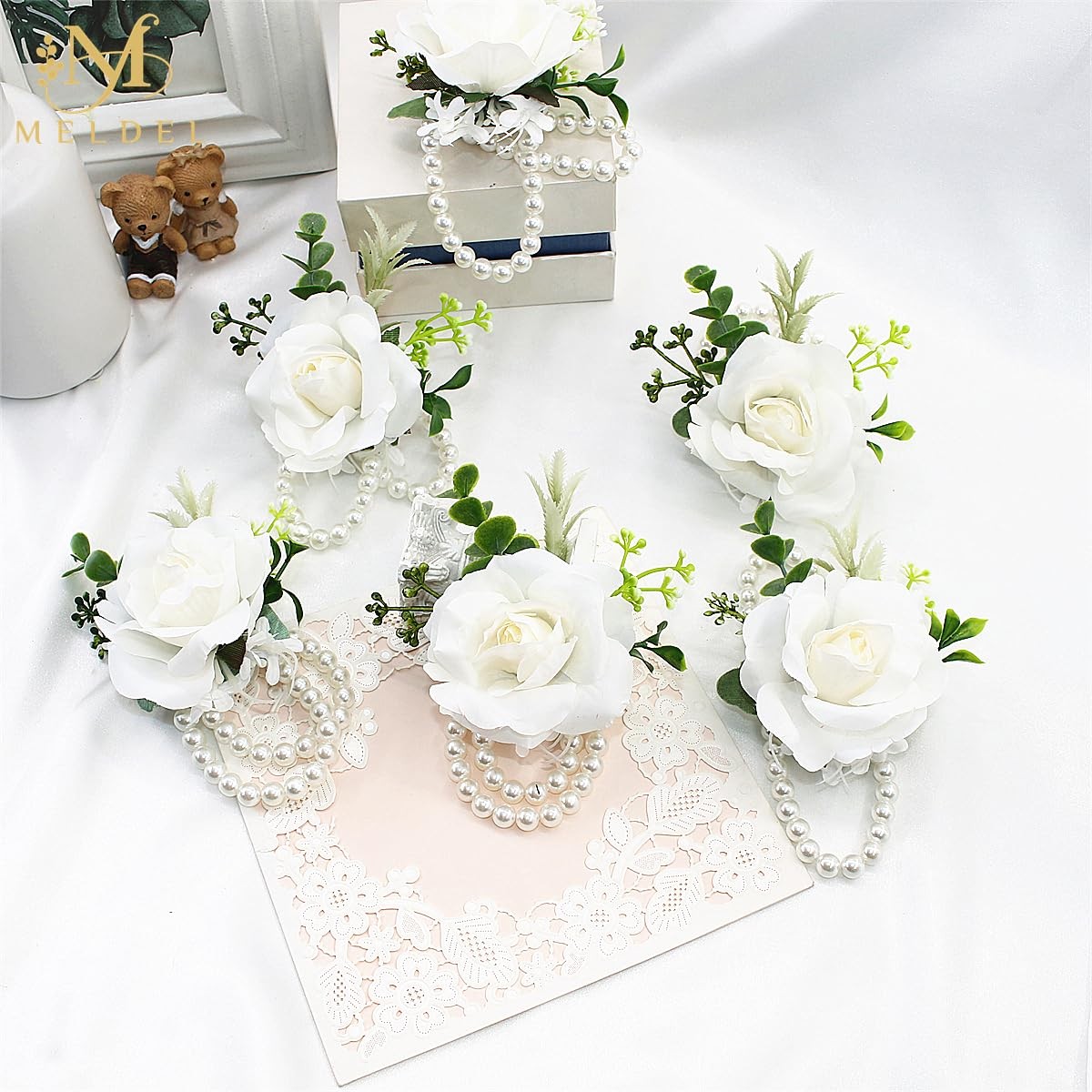 2 PCS White Rose Wrist Corsage Artificial Silk Flower Wedding Bridal Prom Pro