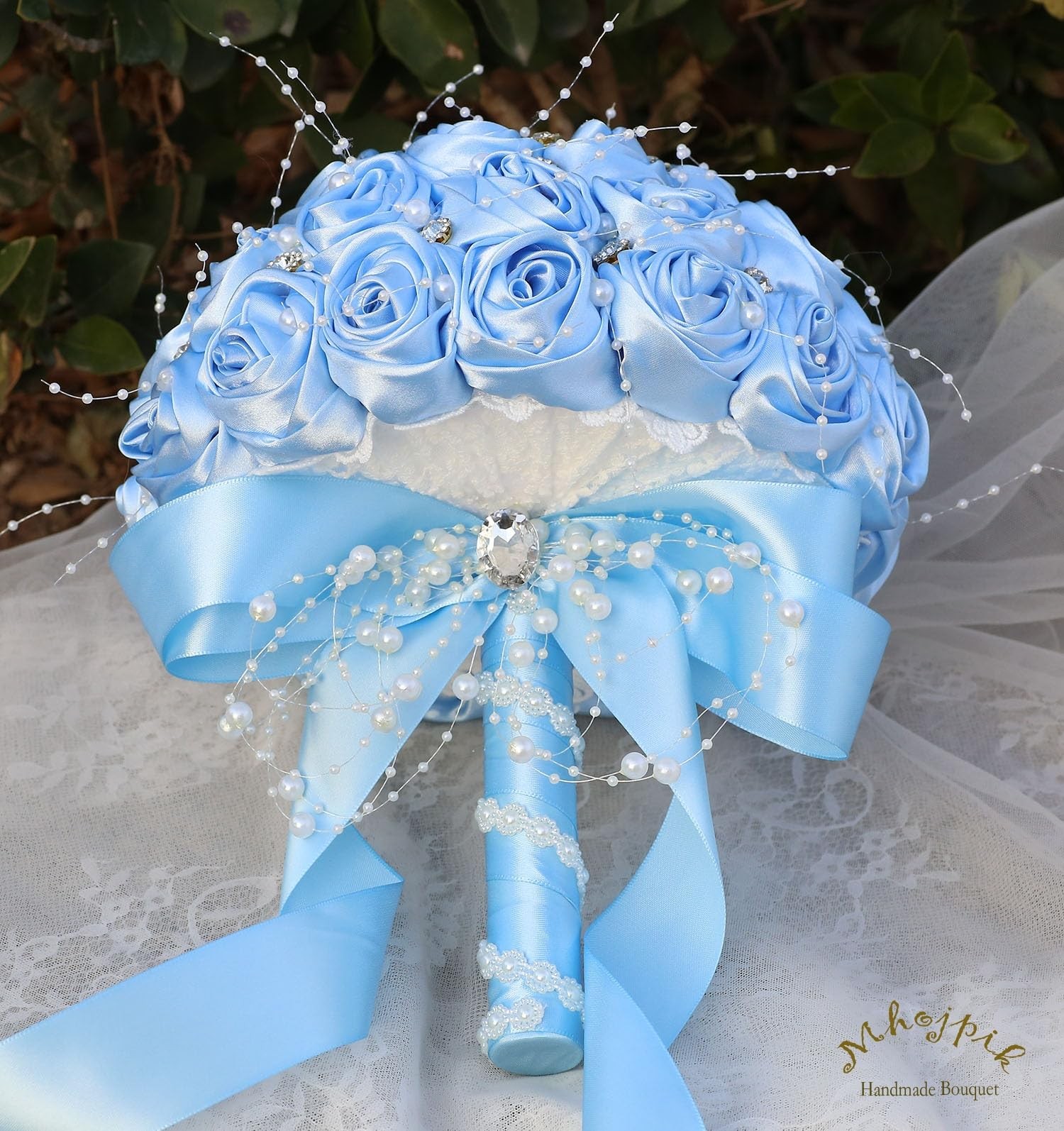6.3 Inch Light Blue Artificial Rose Bling Bridal Wedding Throw Bouquet