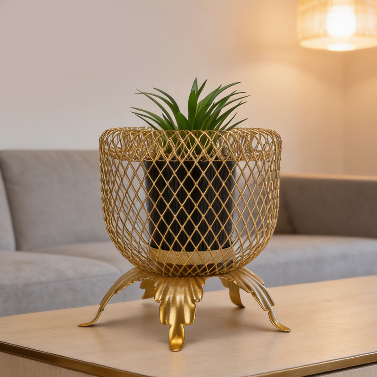 Small Fake Plant With Metal Cage Decorative Potted Artificial Succulent For Home