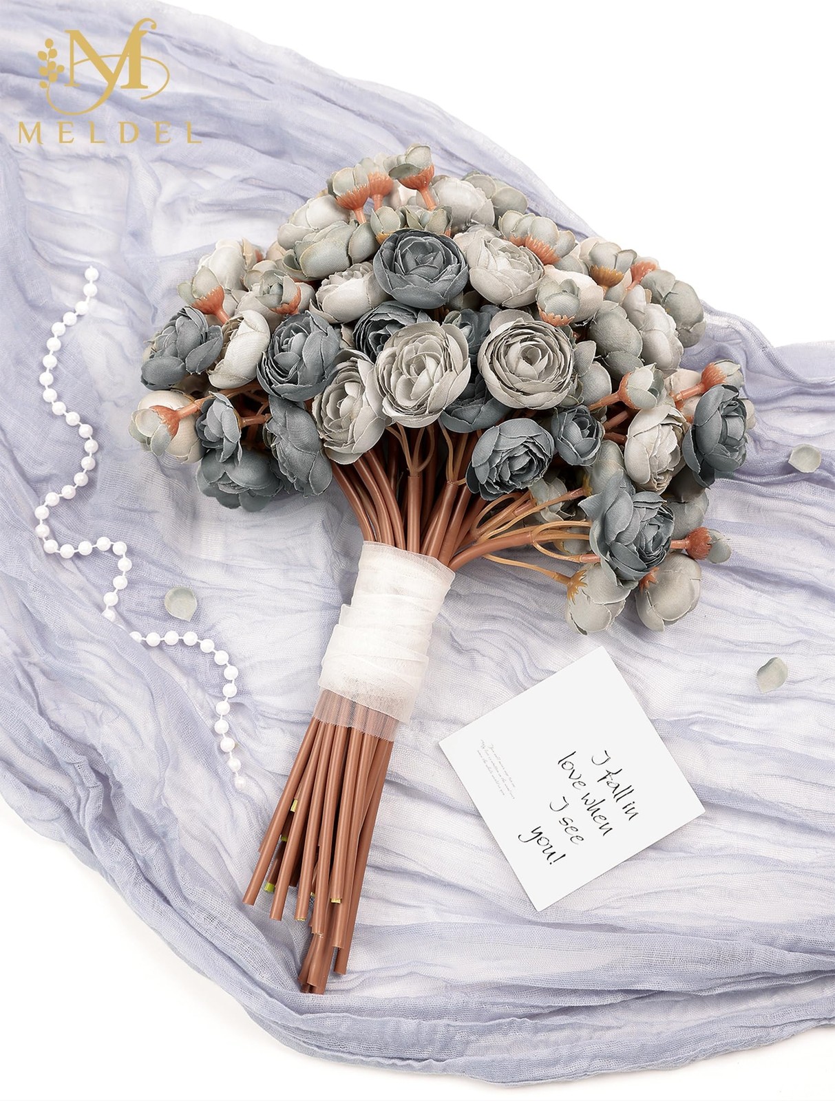 32 PCS Ranunculus Artificial Flower Dusty Blue Mini Rose Faux Fake Peony