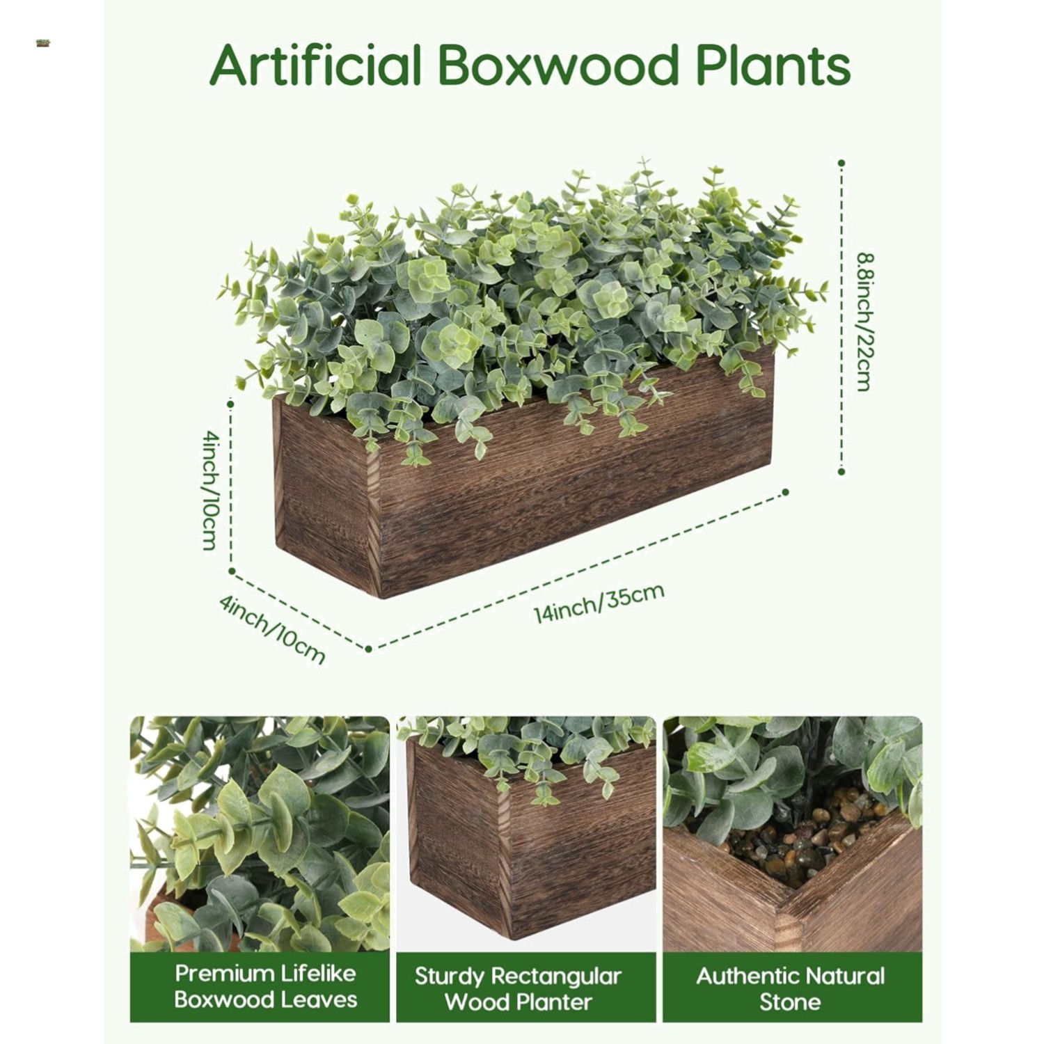 14″ Artificial Eucalyptus Plants in Rustic Rectangular Wooden Planter Box, Fa…