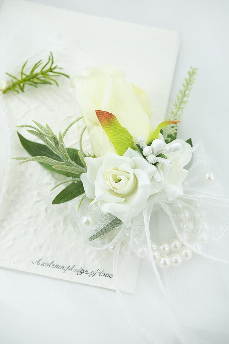 White Corsage And Boutonniere Set Wedding Prom Artificial Rose Flower 2 PC