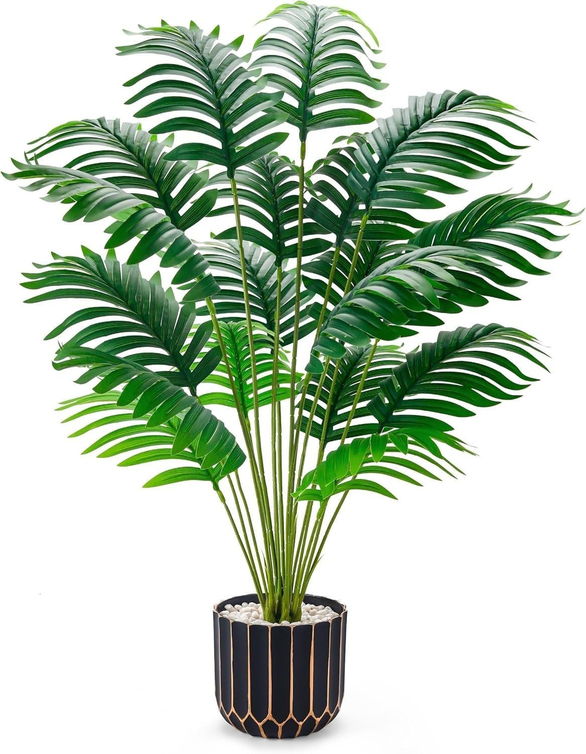 Realistic 28” Tall Faux Palm Tree with Black & Gold Pot for Stylish Home Decor