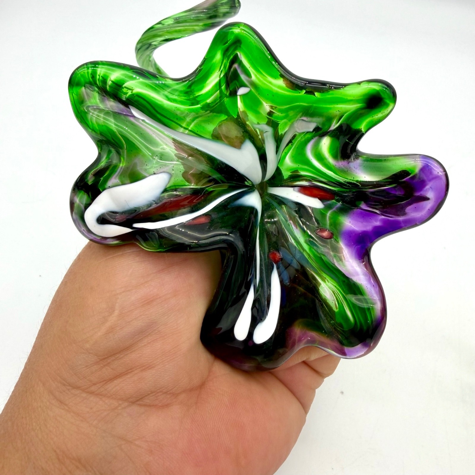 Vtg Hand Blown Art Glass Flowers Murano Style Green Purple Yellow Frit Set 2