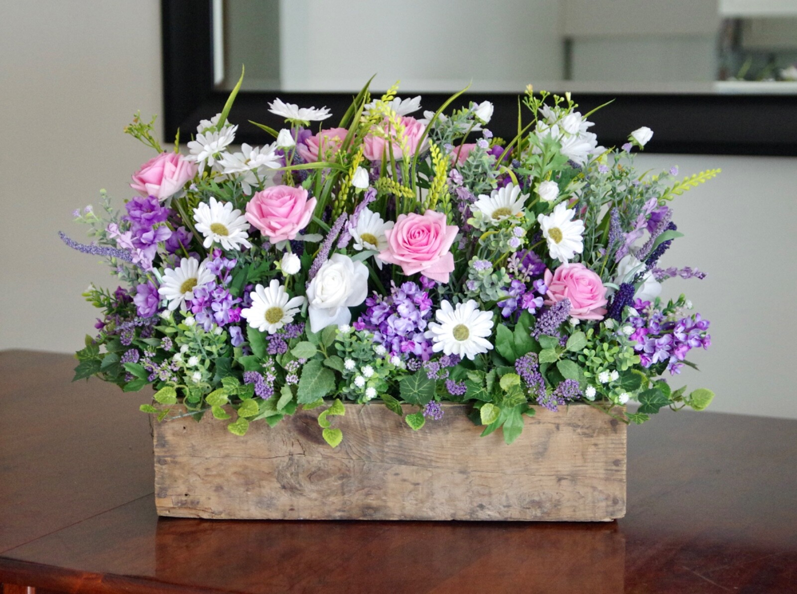 Vintage Wooden Box With Silk Pink and White Rose and Lavender Lilac Arrangement