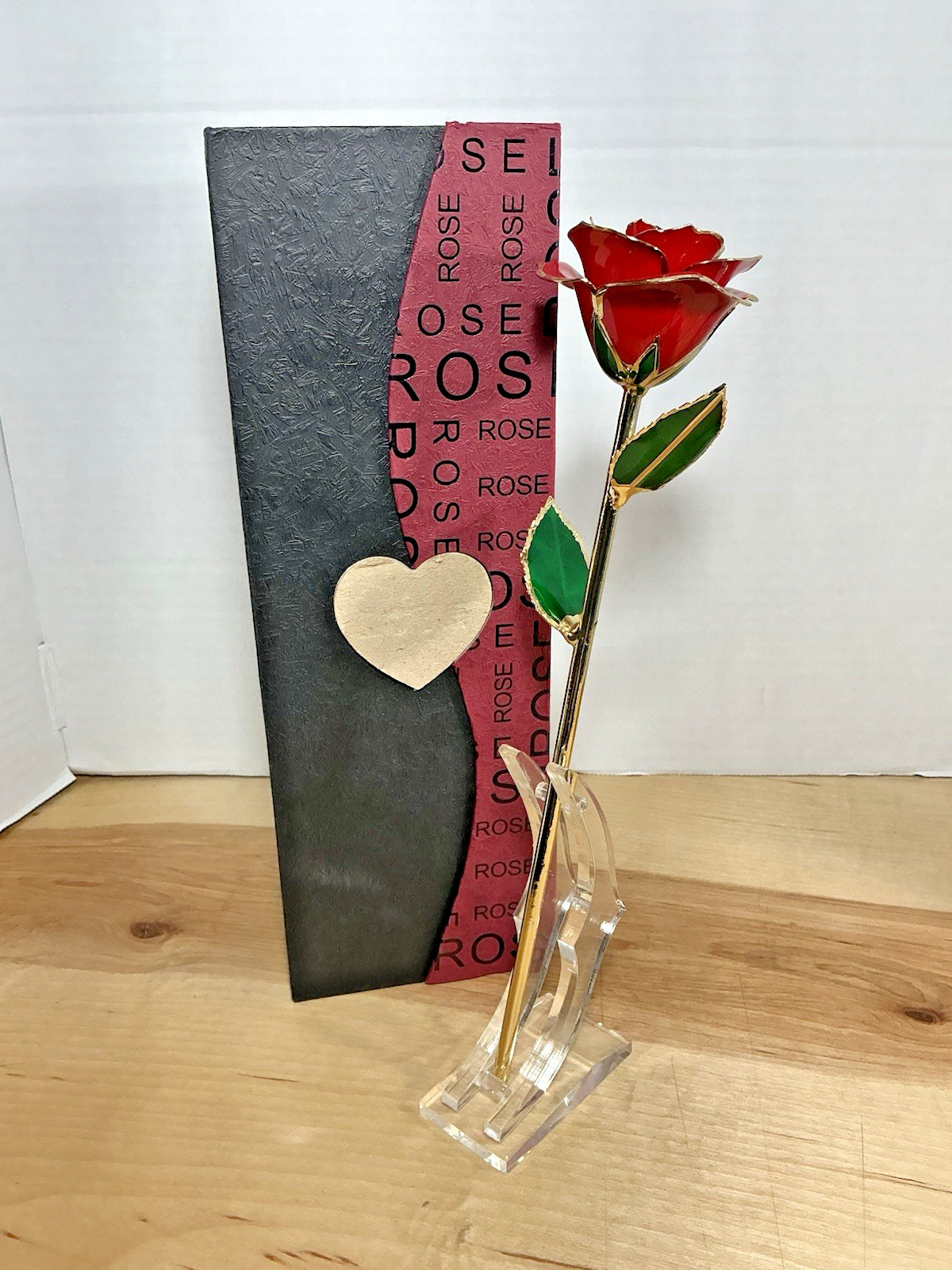 24K Gold Trim Red Rose Dipped Rose in Gift Box w/ Display Stand Valentine’s Gift