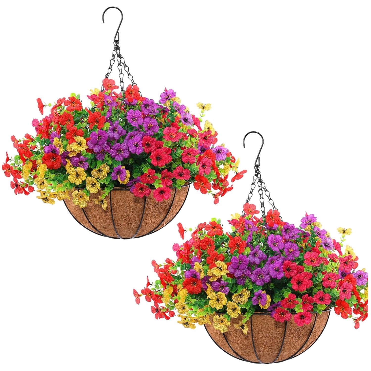 2 Hanging Planters with 24 Flowers, Red/Purple/Yellow
