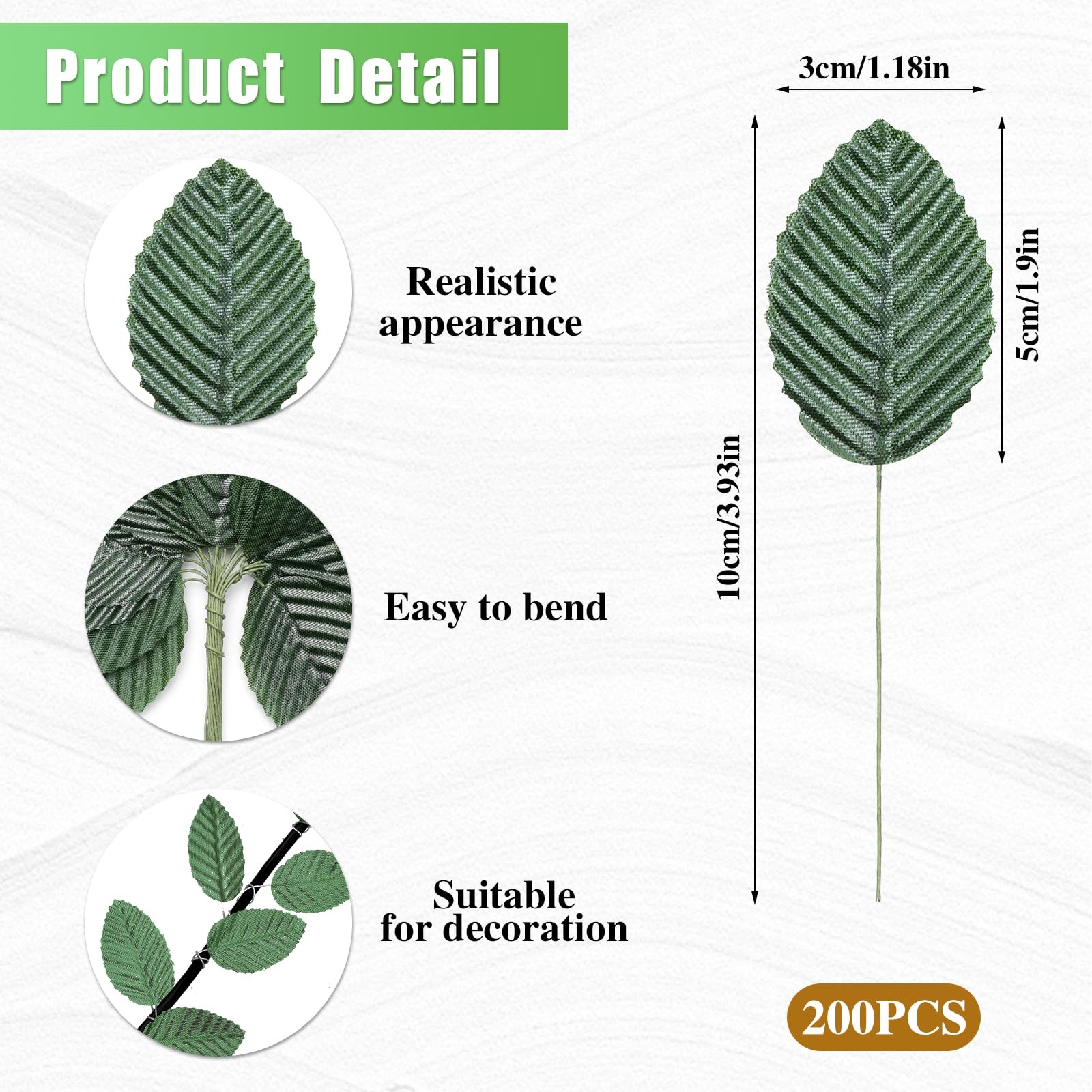 200 Pcs Artificial Leaves, DIY Corsage Single Leaf Crafts with Stems Fake Gre…