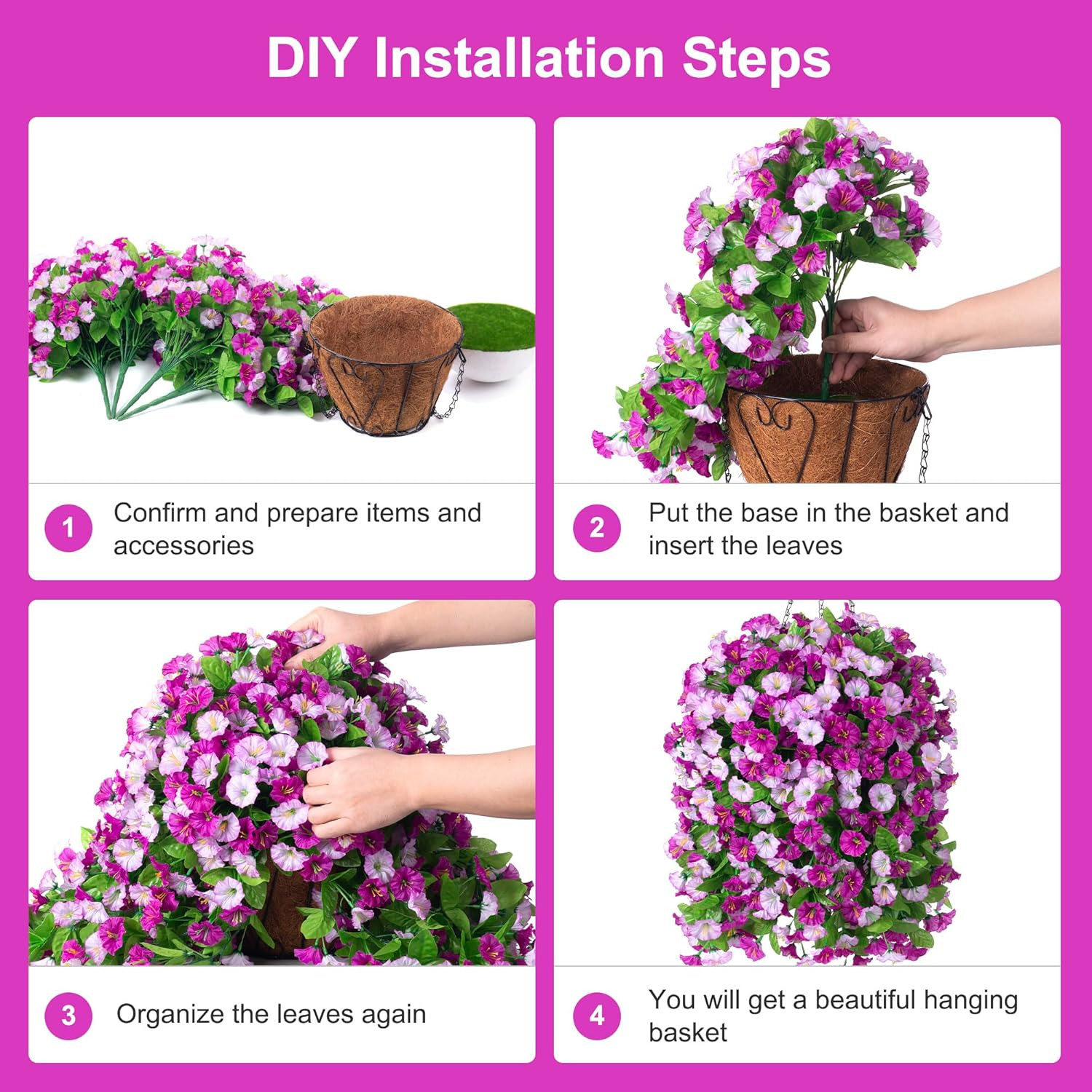 Artificial Flowers with Hanging Basket, Outdoor Faux Plants Silk Morning Glory V