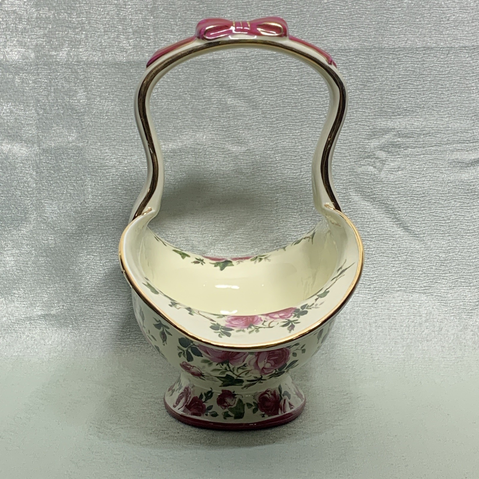 Beautiful Floral Pink Rose And Gold Trimmed Porcelain Basket 11” X 11”X6”