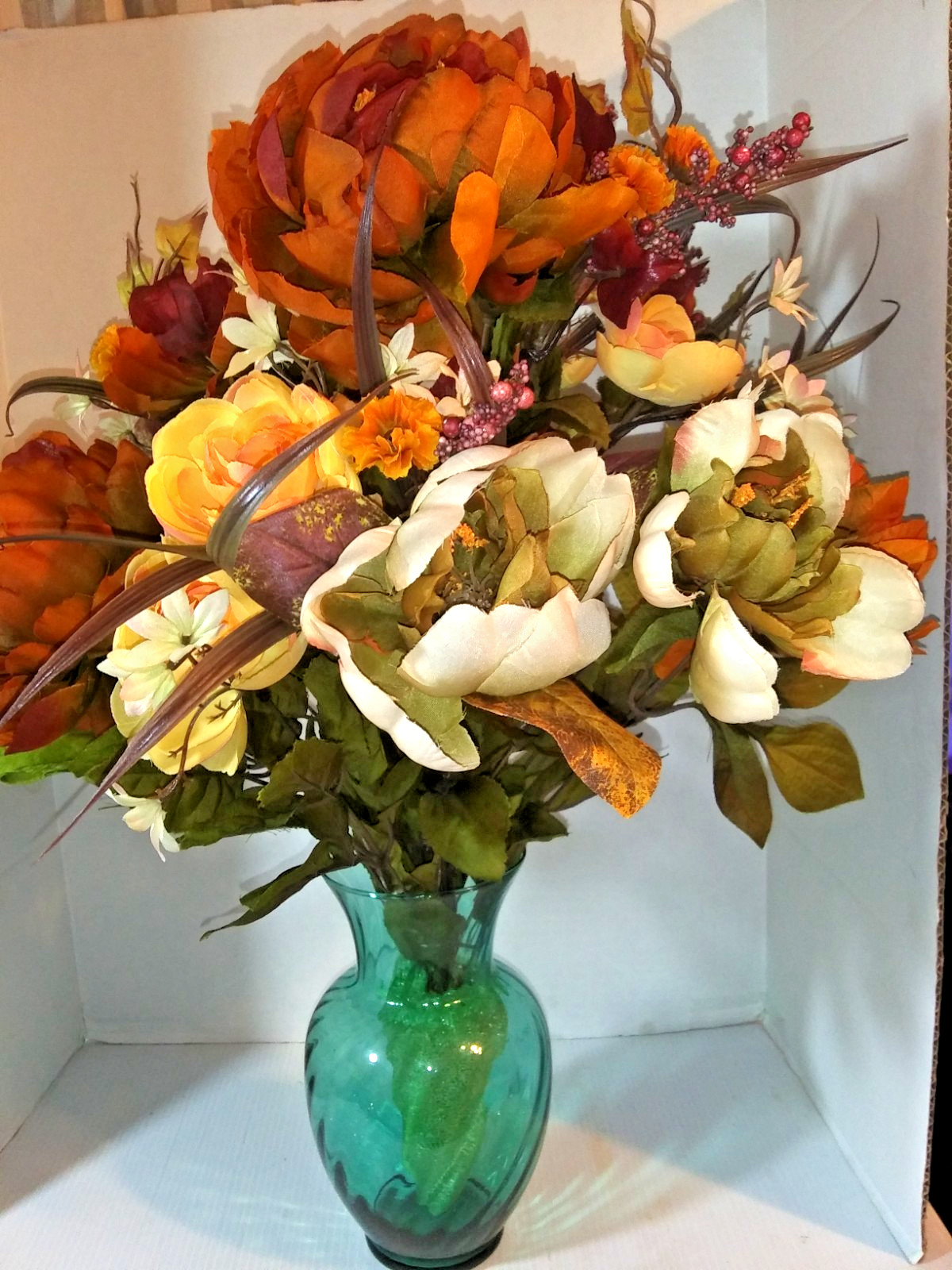 Fall Flowers in Vtg Vase Silk Flower Arrangement Fall Centerpiece 22 in tall