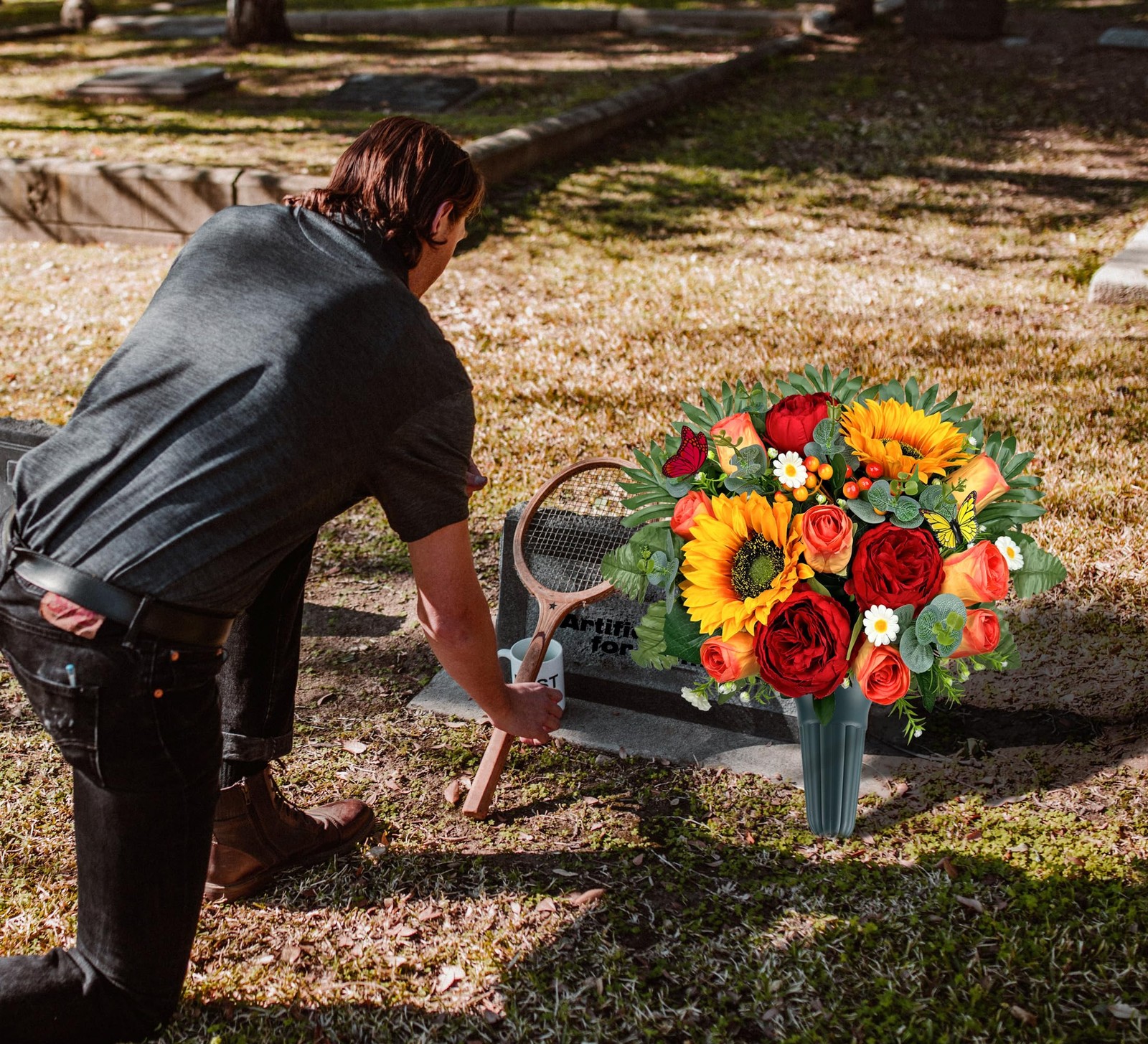 Artificial Cemetery Flowers for Outdoor Grave Decorations，Memorial Flower- Re…