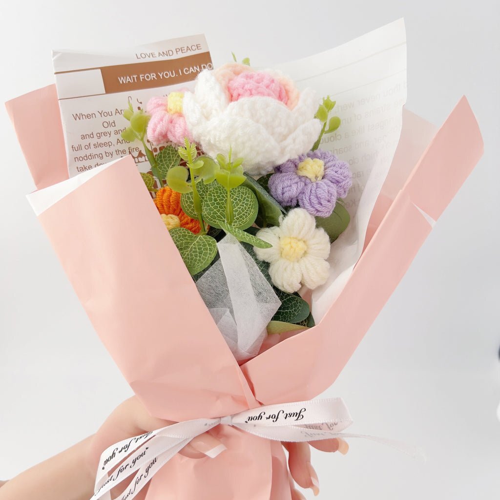 Rose Crochet Flowers Bouquet Knitted Flower Wrap with Light and Bag for Gift Hom