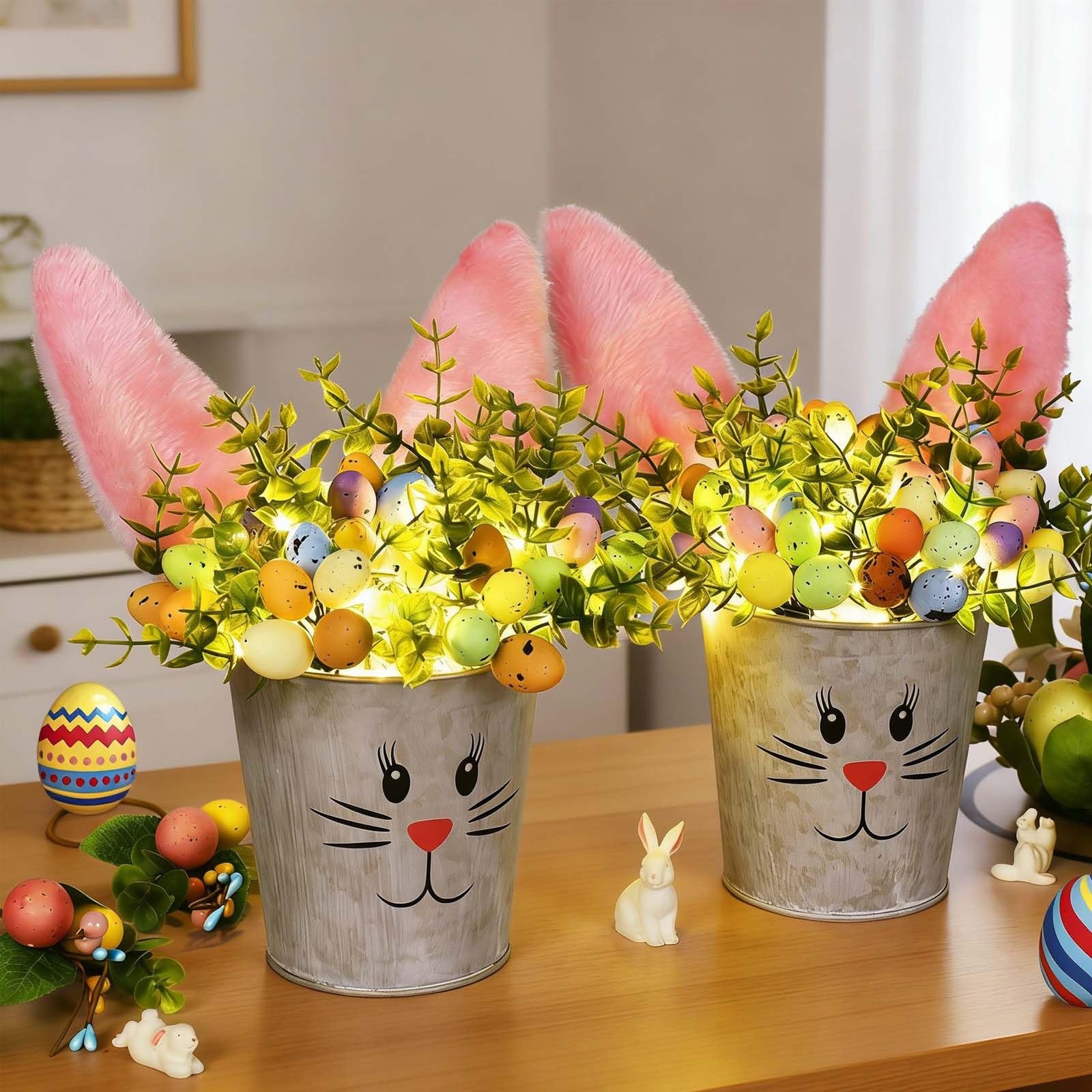 2 PCS Easter Decorations Indoor Artificial Flower Lighted Bunny Desk Decor