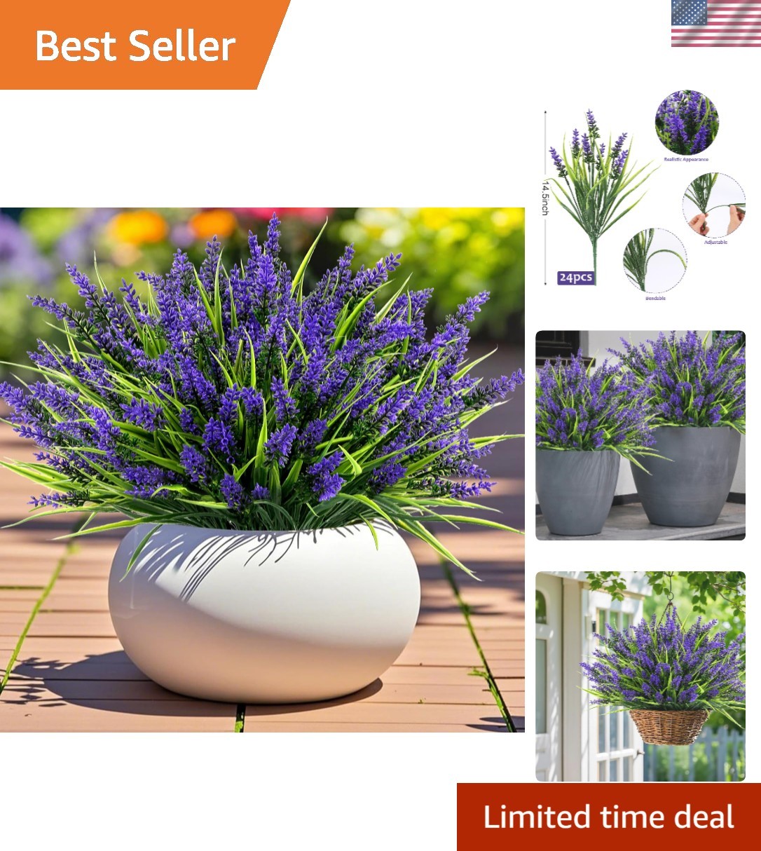 24 Bundles of UV Resistant Purple Lavender Faux Flowers for Indoor/Outdoor Decor