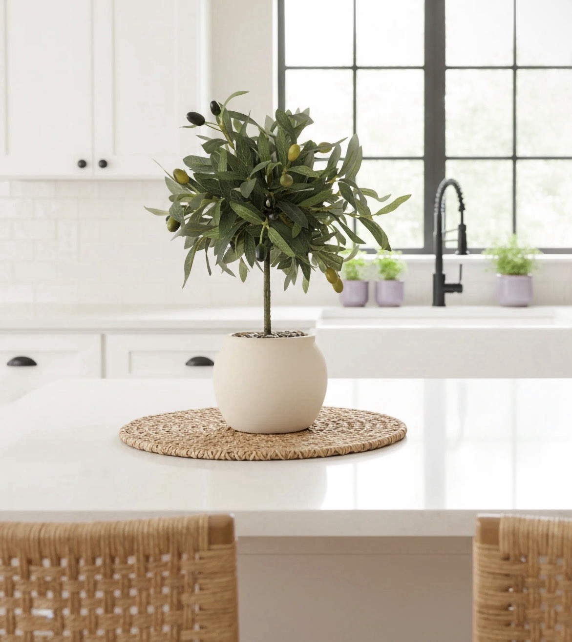 Better Homes & Gardens Realistic Artificial Olive Plant with Tan Ceramic Vase