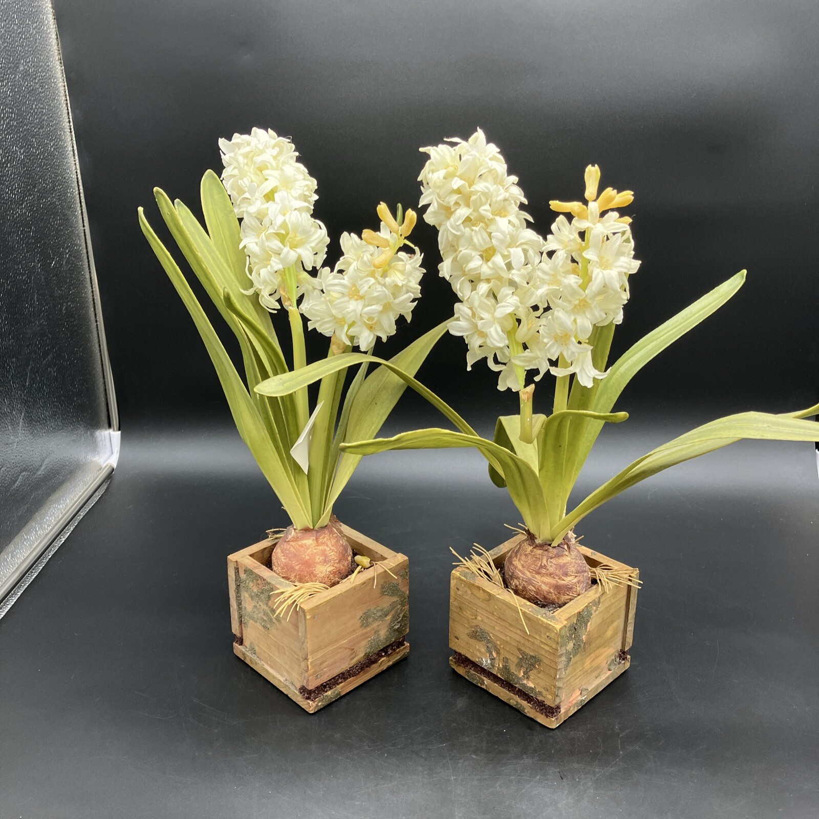 PAIR Faux Hyancinth Bulb And Stem WOOD Planter. Large. Nice.