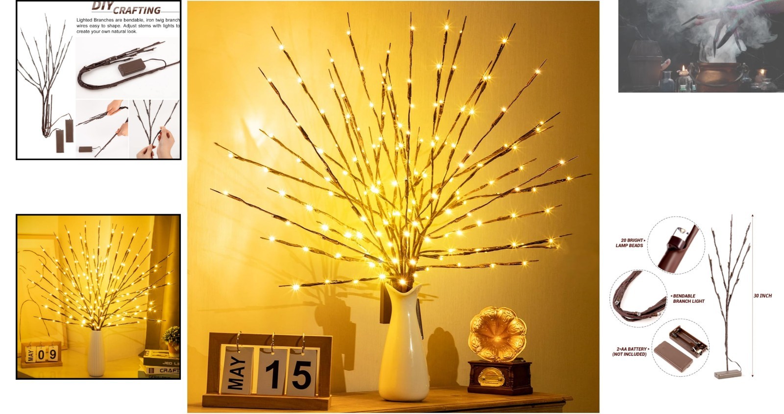 Elegant Lighted Twigs with 20 Bright Bulbs – 30 Inch Warm Yellow for Indoor &…