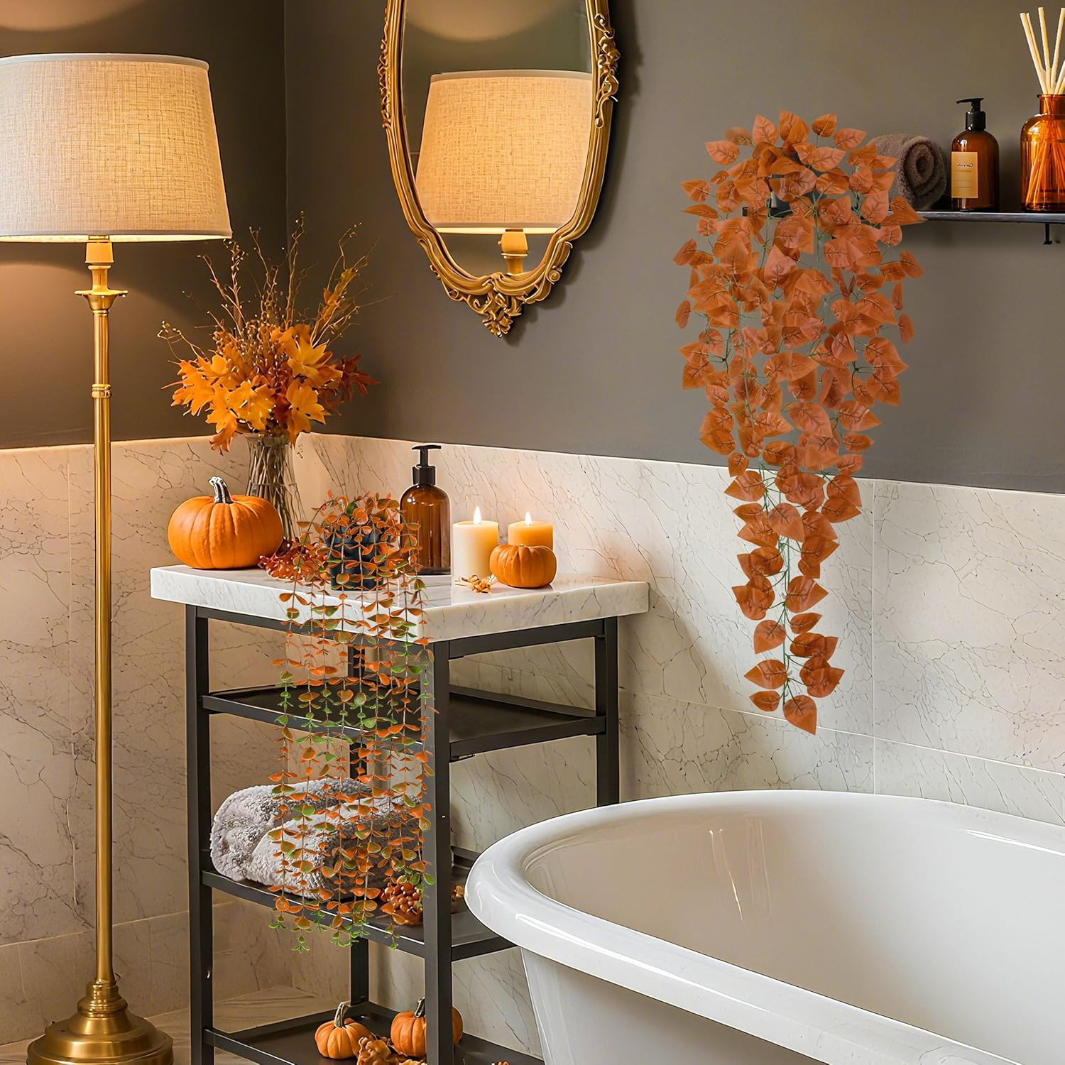 2Pcs Fake Fall Hanging Plants for Home Bathroom Wall Outdoor Decor | Orange Euca