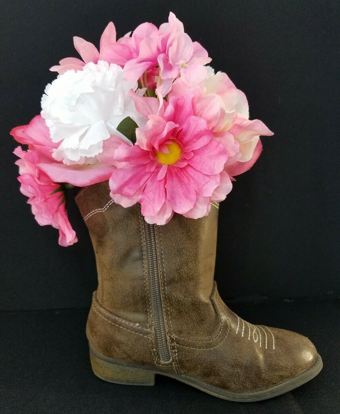 Pink Flowers In Cowboy Boots Handmade Original By Andrea Floral Décor B16-370