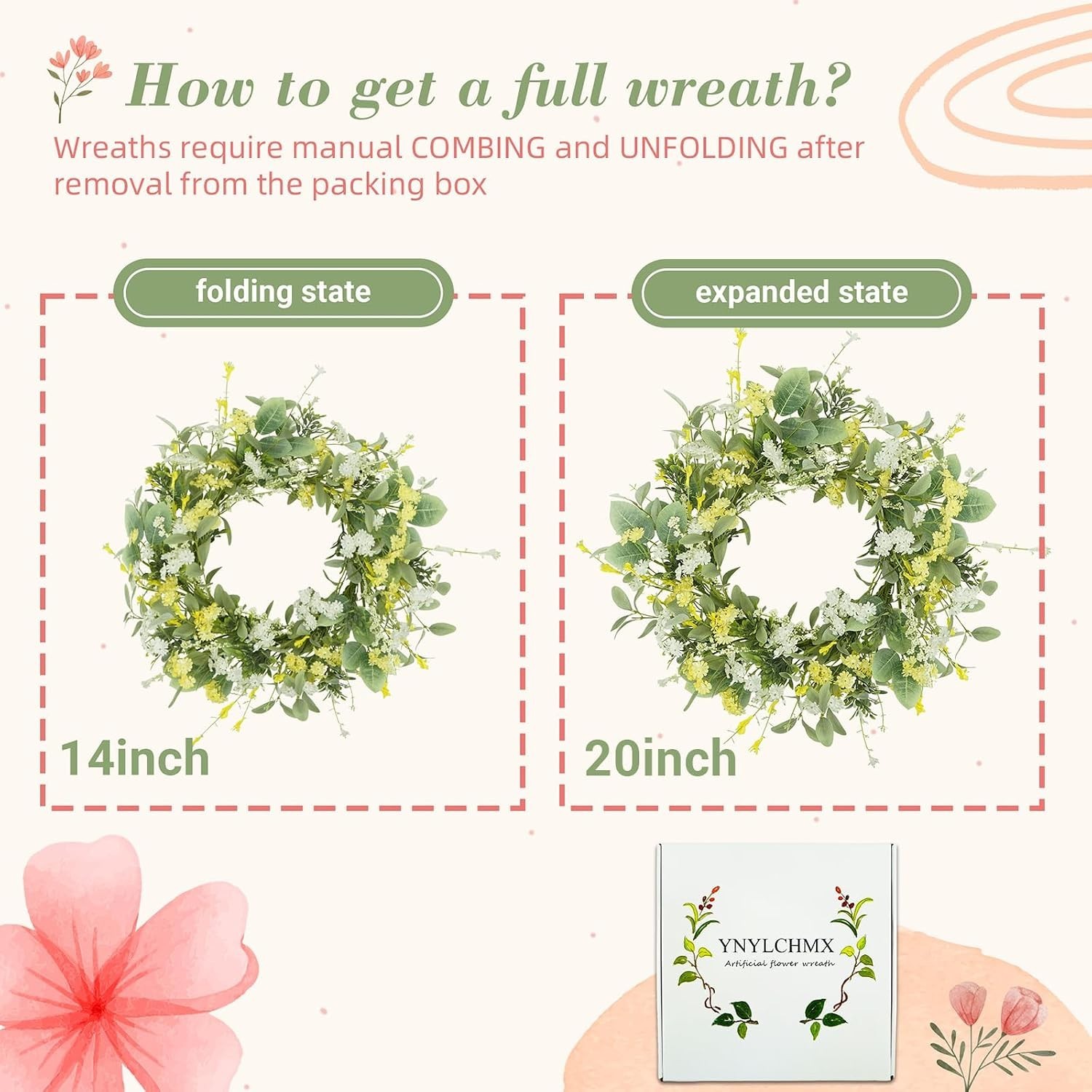 Spring Summer Wreath for Front Door 20 Inch Artificial Floral Daisy Eucalyptu…