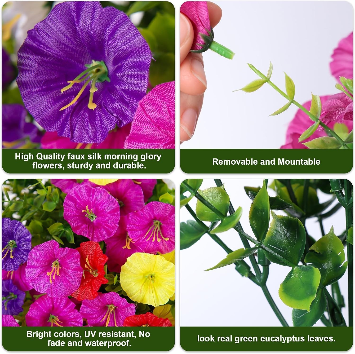 Indoor & Outdoor Morning Glory Artificial Flowers – 12 Bundles with Eucalyptus