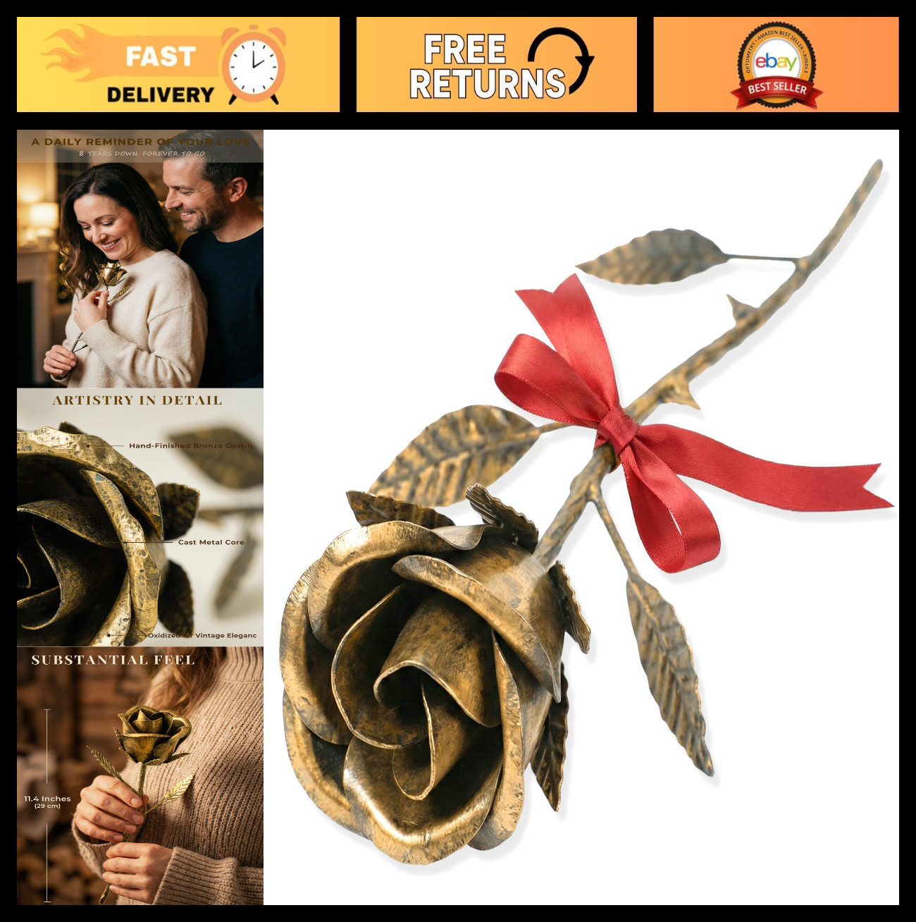 Handmade Bronze Rose – Solid Metal Flower Keepsake for 8th & 19th Anniversary Gi