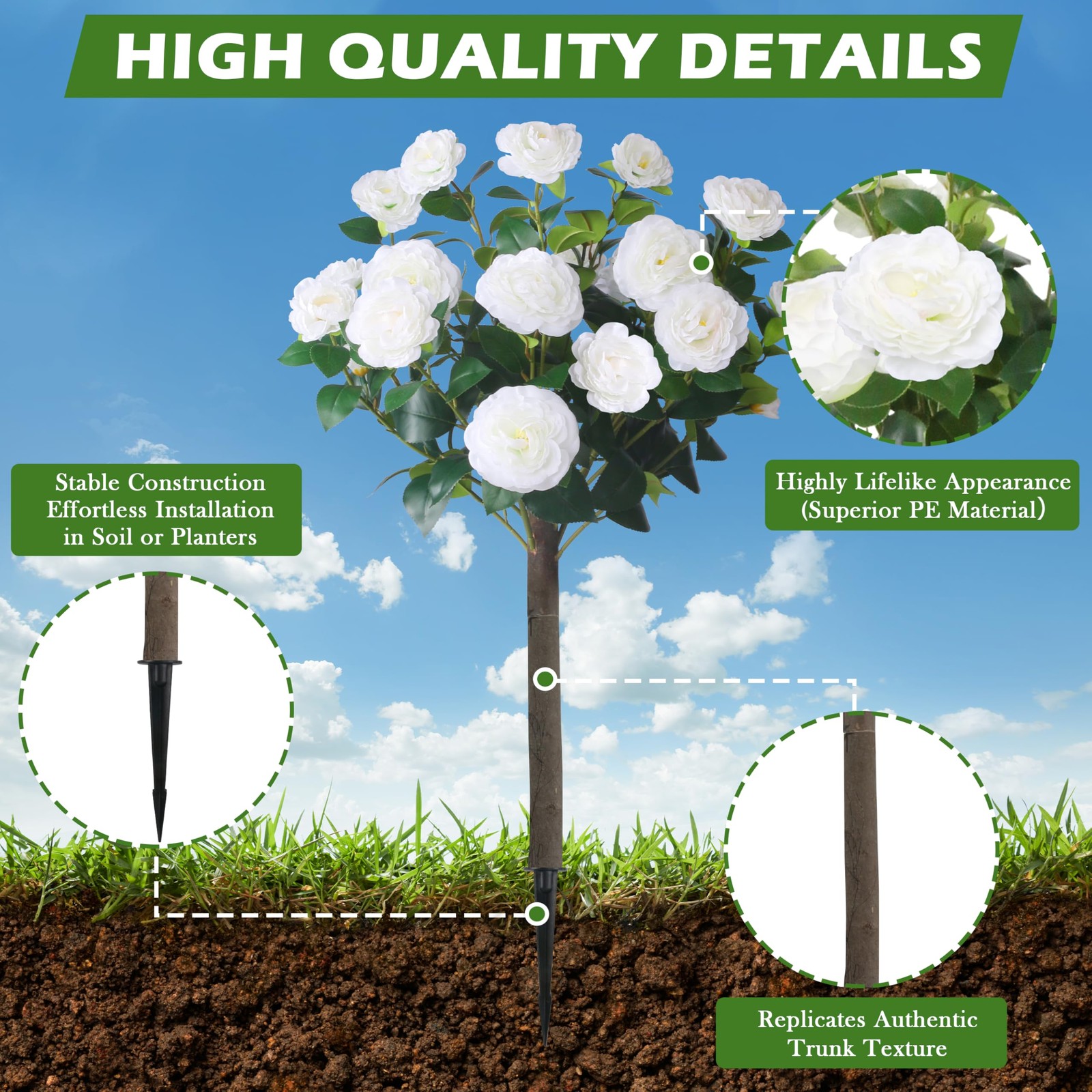 35.5″ Set of 2 Artificial Camellia Tree, Faux White Camellia Flowers Plant wi…