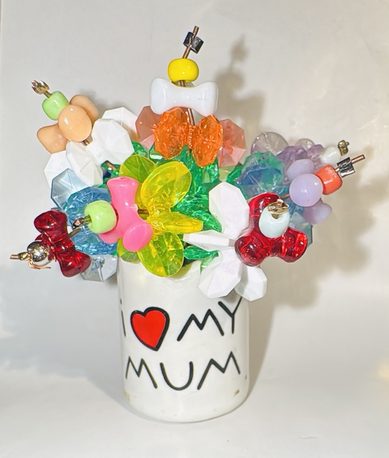 OOAK Mini Beaded Flower Bouquet In Ceramic Jar “I LOVE MY MUM” Mothers Day Gift