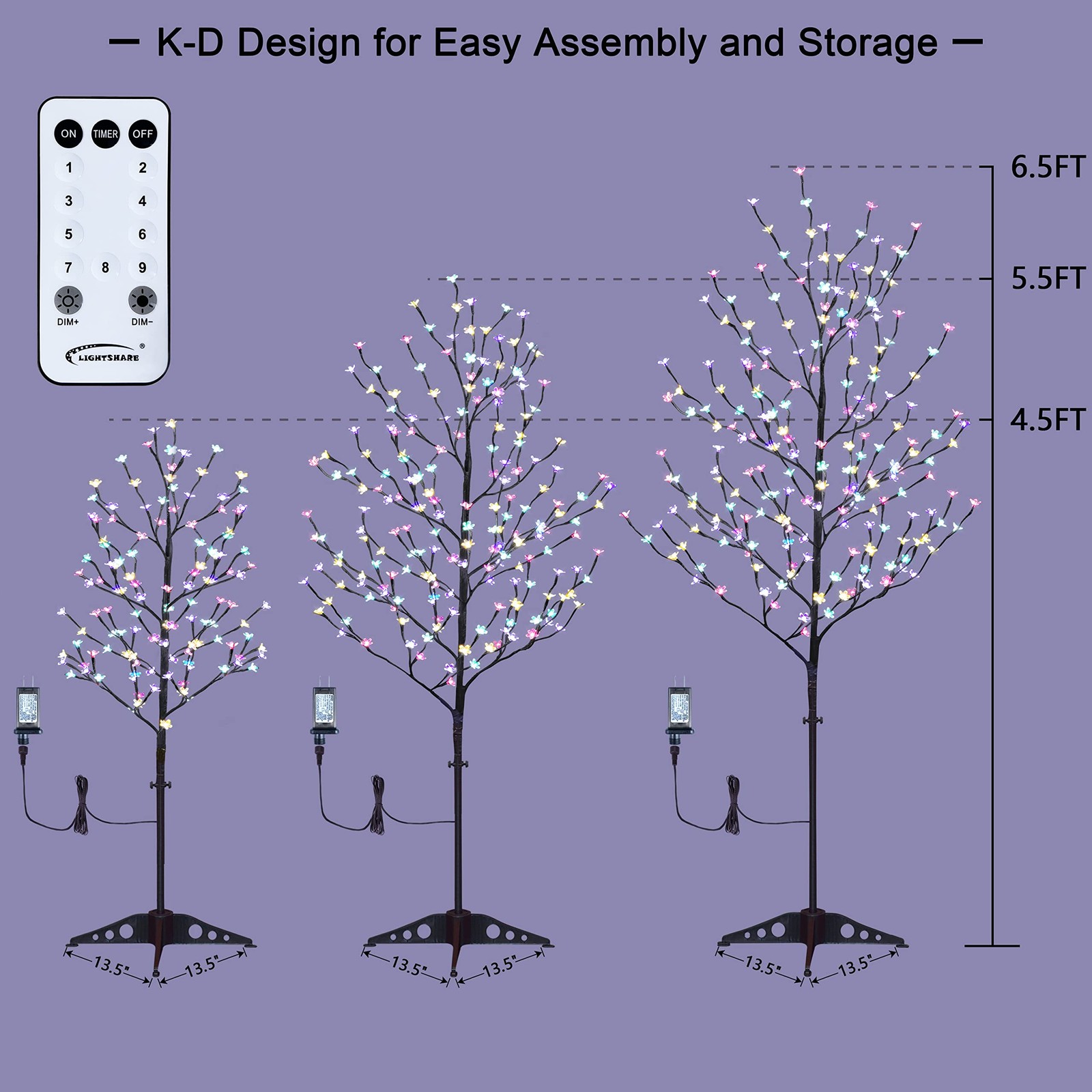Lighted Cherry Blossom Tree, 4FT, 5FT and 6FT, Pack of 3, Warm White to Multi…