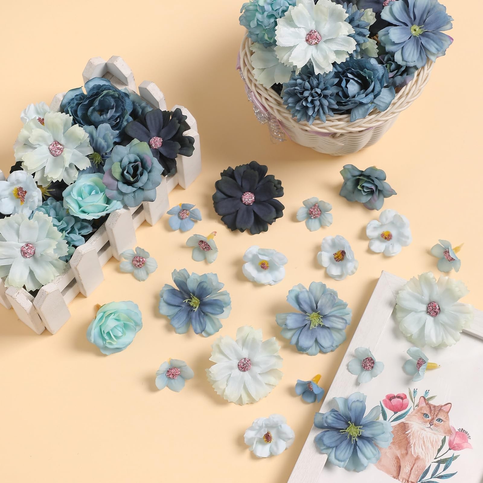 45 PCS Blue Small Silk Artificial Flower Faux Mini Rose Daisy Craft Supply