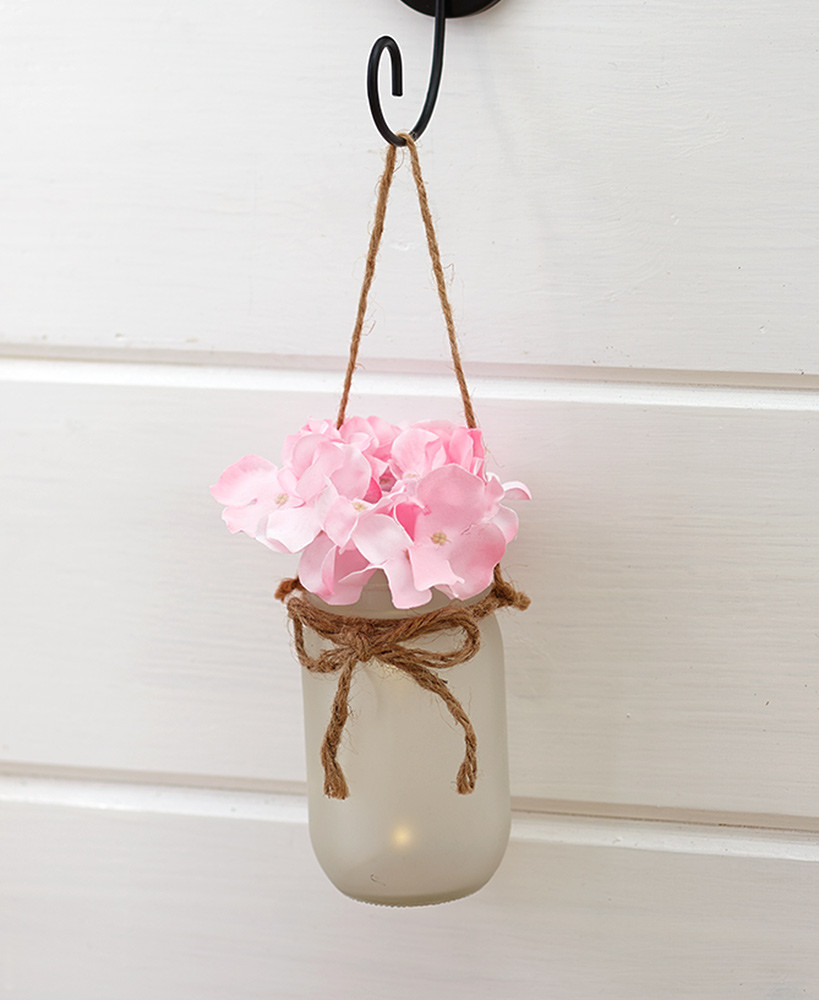 NEW Pink Hydrangea Mason Jar Wall Sconce w/ fairy lights frosted glass, metal