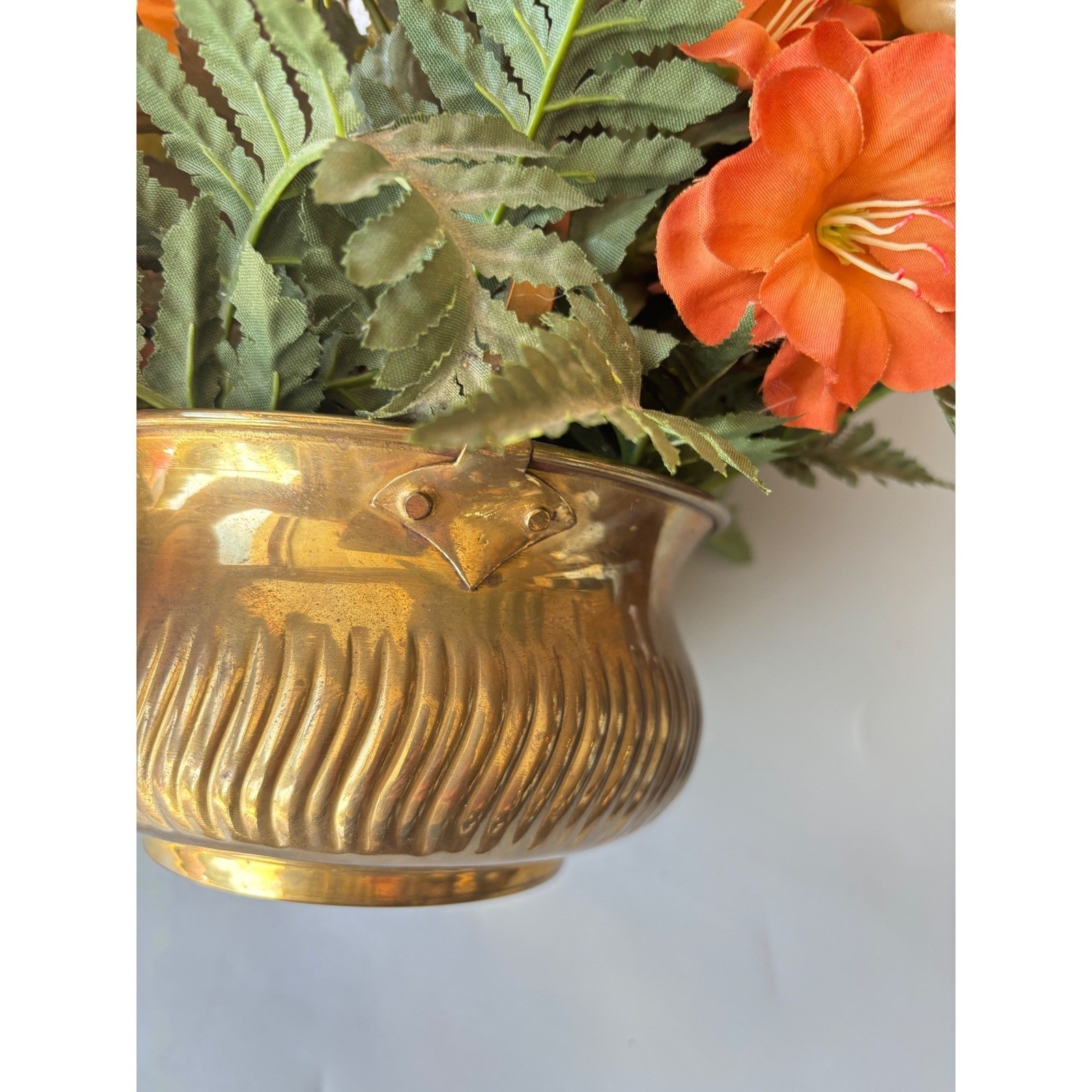 Vtg Silk Floral Arrangement Peach Feathers Roses Brass Bowl Made in India 15″