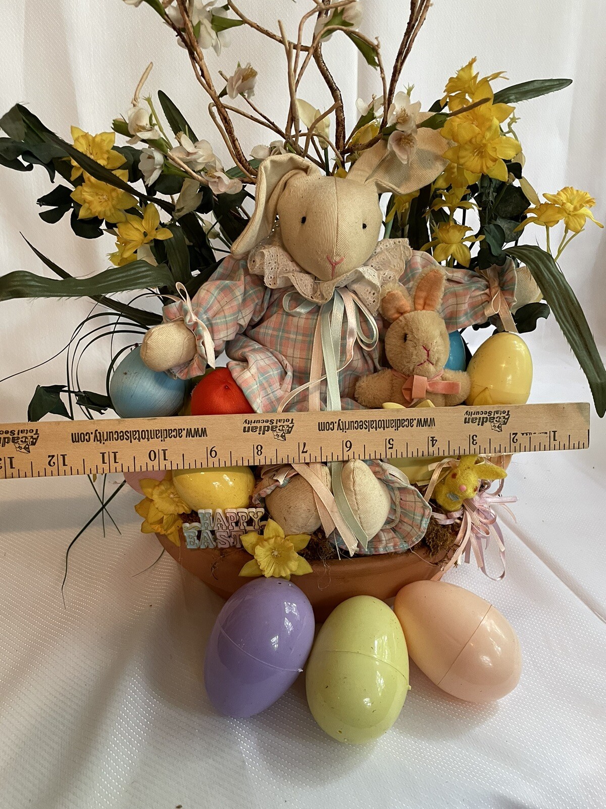 Mama Baby Bunny Easter Egg Floral Arrangement Centerpiece Decor Clay Vintage