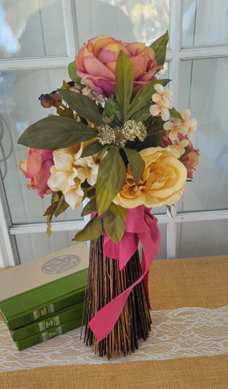 Table Top Floral Arrangement, Free-Standing Topiary Roses Bouquet Home Decor