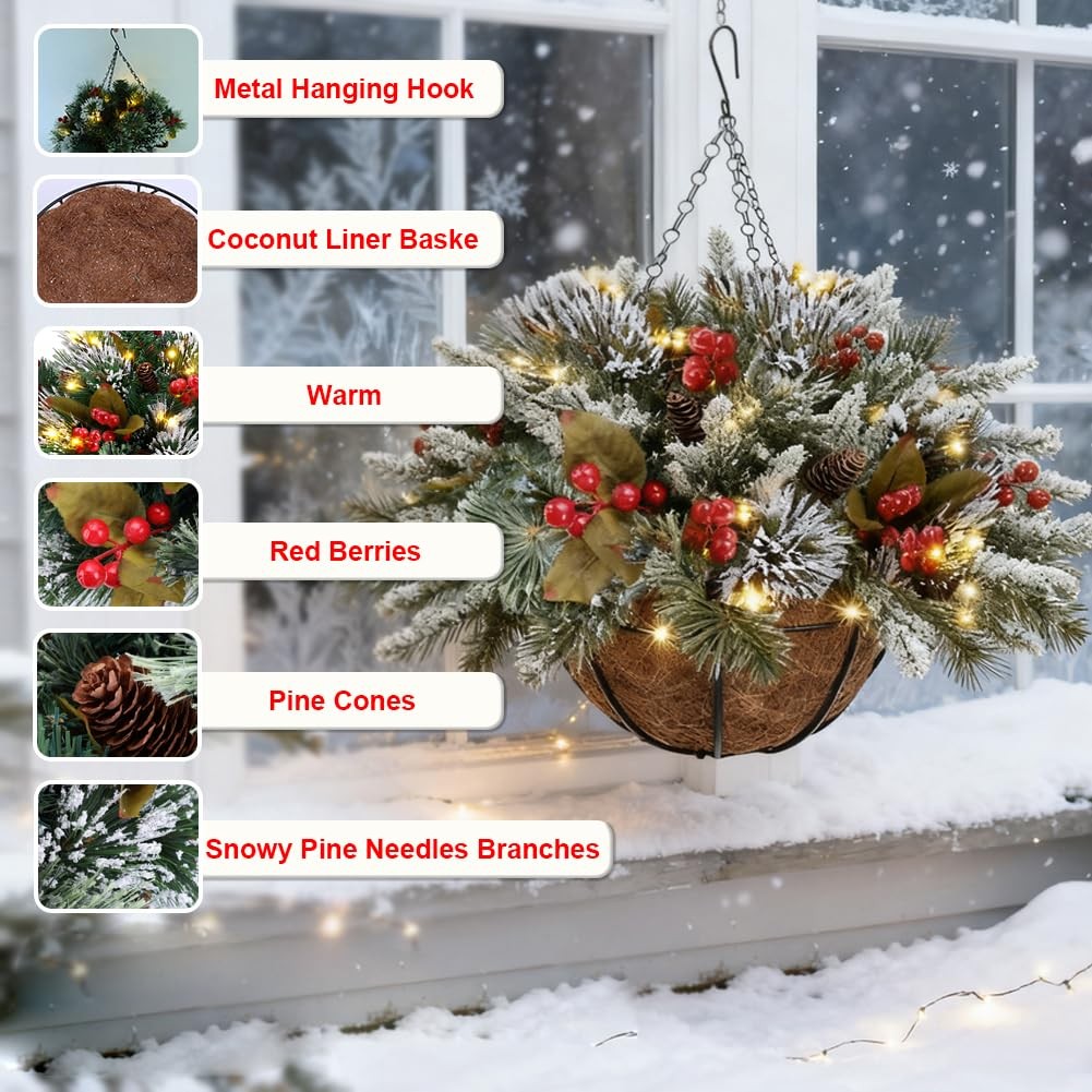 2PCS Artificial Hanging Basket Decorated with Pine Cones,Red Berry,Light up C…