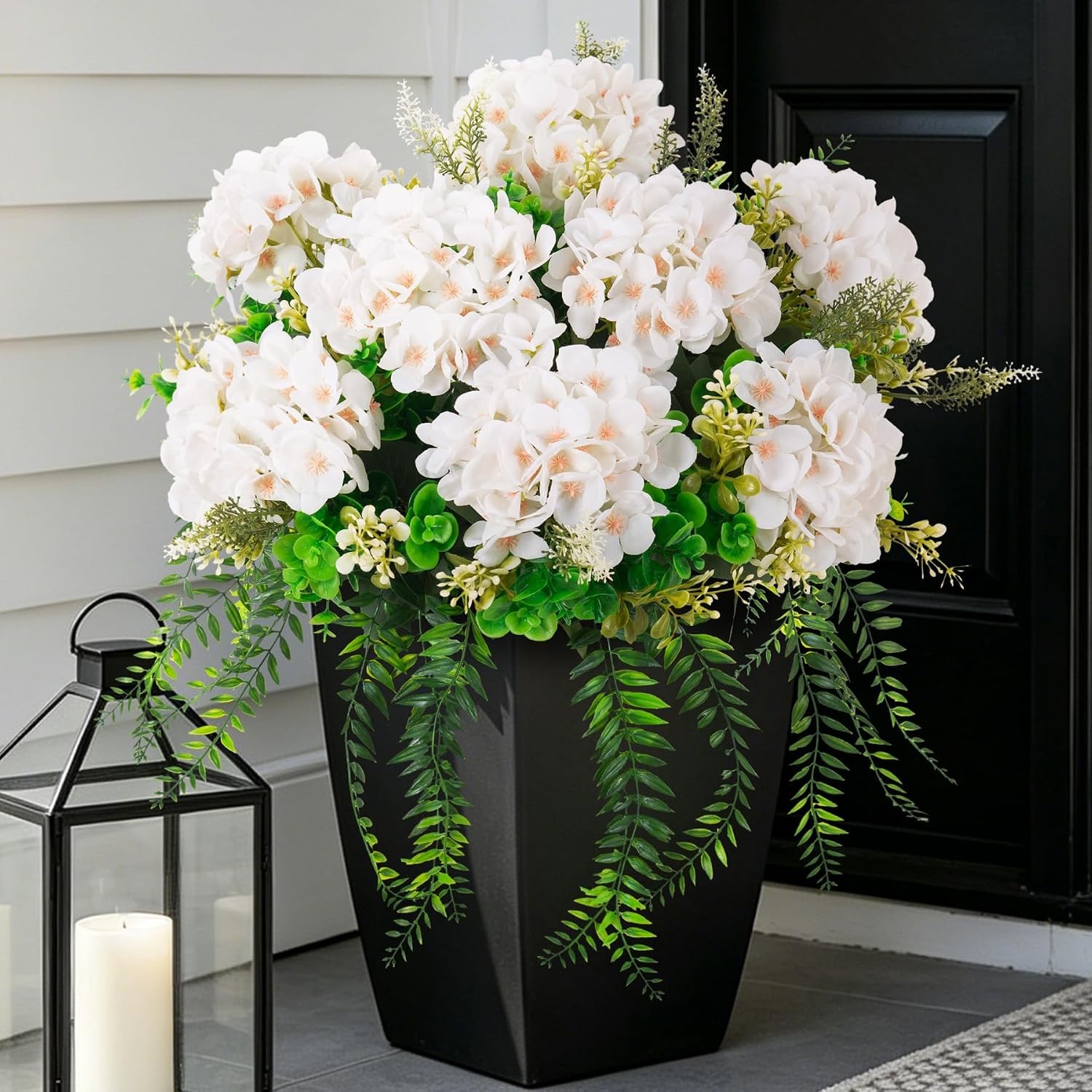 8 Pcs Artificial Hydrangea Flowers Silk Champagne Fake Flower W/ Eucalyptus